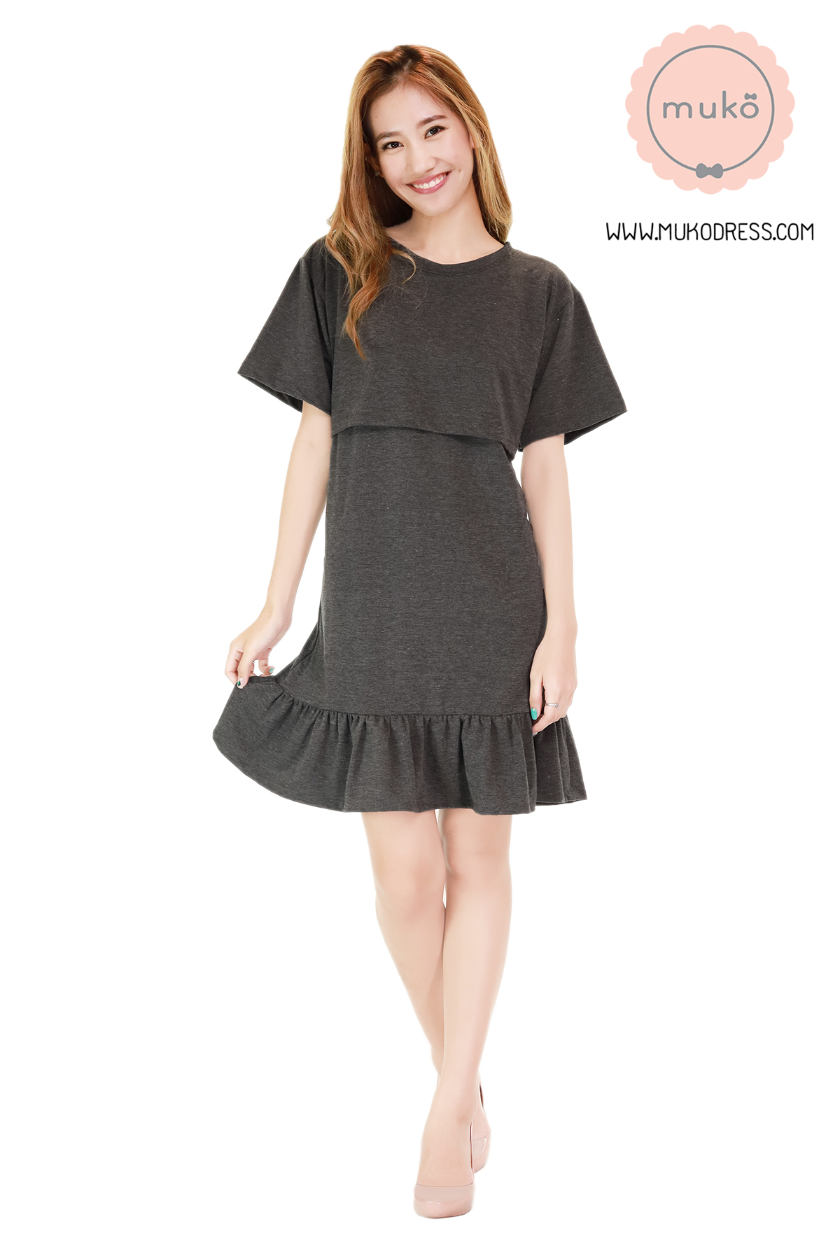 Muko Haru เดรสให้นม คลุมท้อง DR13-002M สีเทาเข้ม