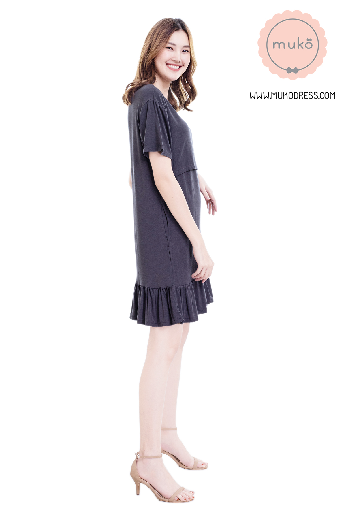 Muko Haru เดรสให้นม คลุมท้อง DR13-003M สีเทาเงา