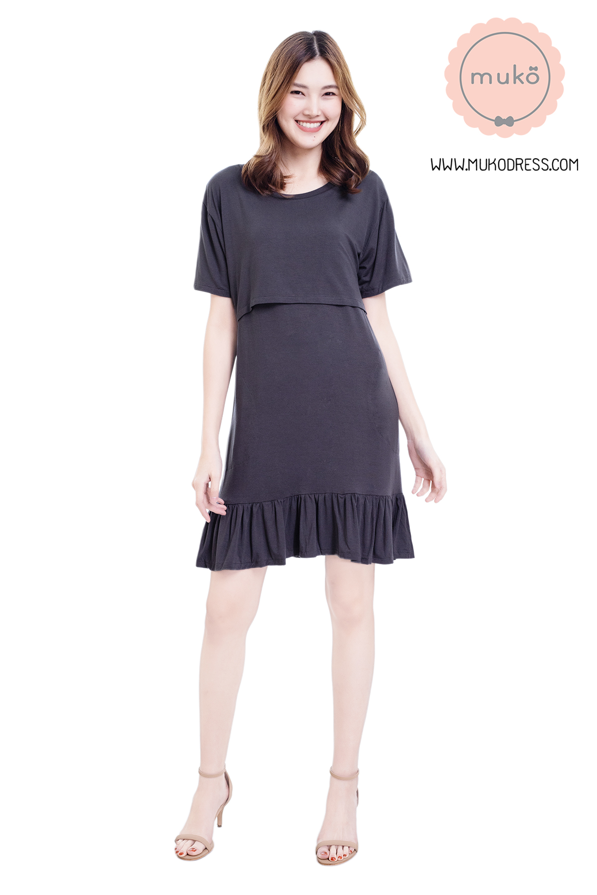 Muko Haru เดรสให้นม คลุมท้อง DR13-003M สีเทาเงา
