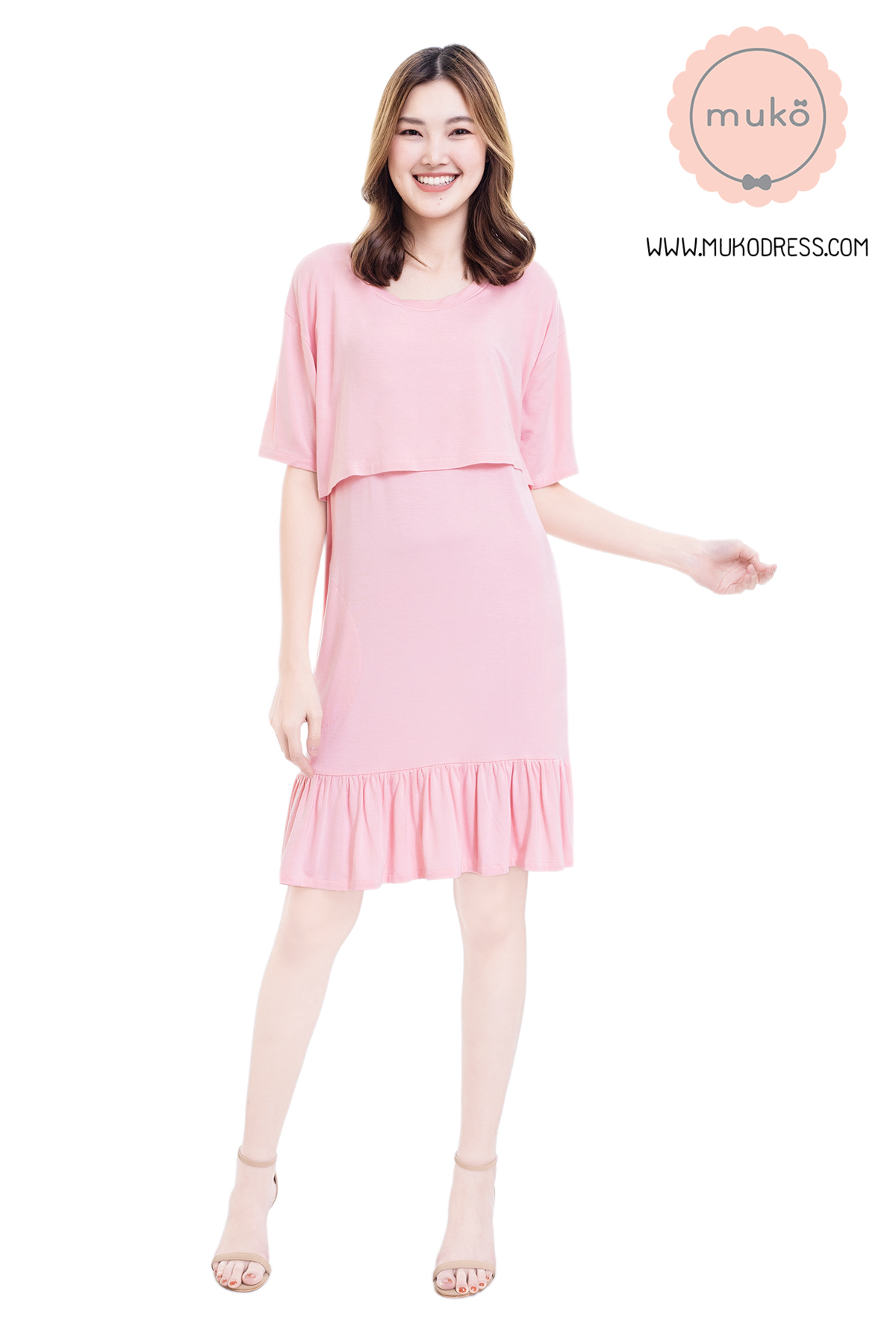 Muko Haru เดรสให้นม คลุมท้อง DR13-005L สีชมพู