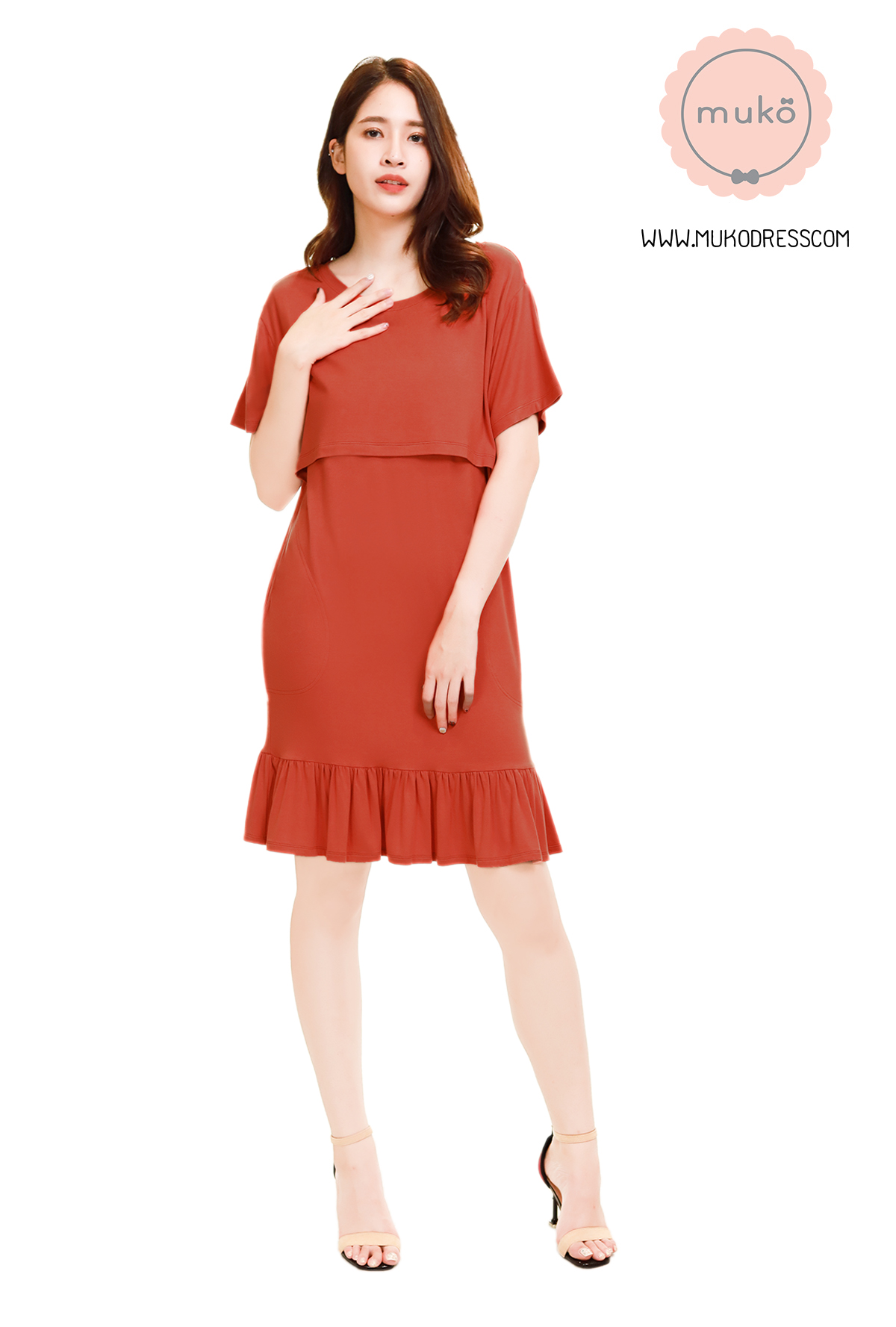 Muko Haru เดรสให้นม คลุมท้อง DR13-023M ส้มอิฐ