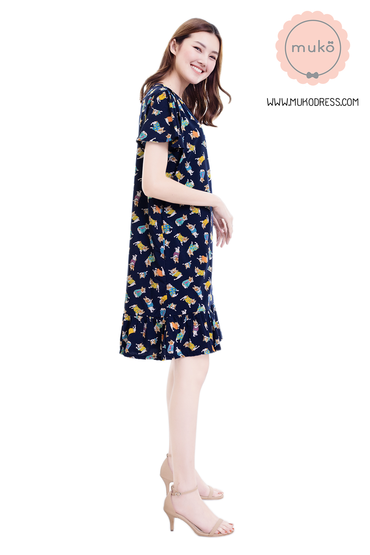 Muko Sakura เดรสเปิดให้นมคลุมท้อง (ไหมอิตาลีพรีเมี่ยม) DZ40-001 กรมลายหมา