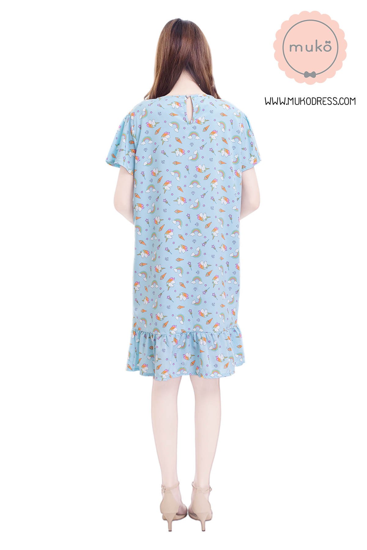 Muko Sakura เดรสเปิดให้นมคลุมท้อง (ไหมอิตาลีพรีเมี่ยม) DZ40-003 ฟ้ายูนิคอร์น