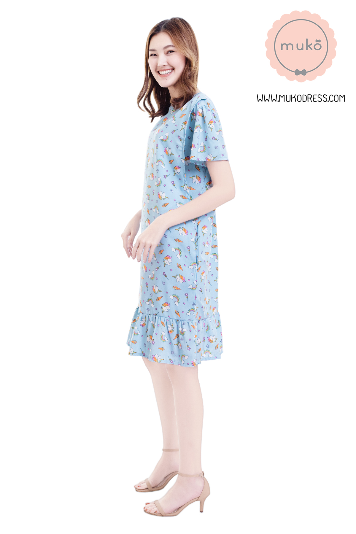 Muko Sakura เดรสเปิดให้นมคลุมท้อง (ไหมอิตาลีพรีเมี่ยม) DZ40-003 ฟ้ายูนิคอร์น