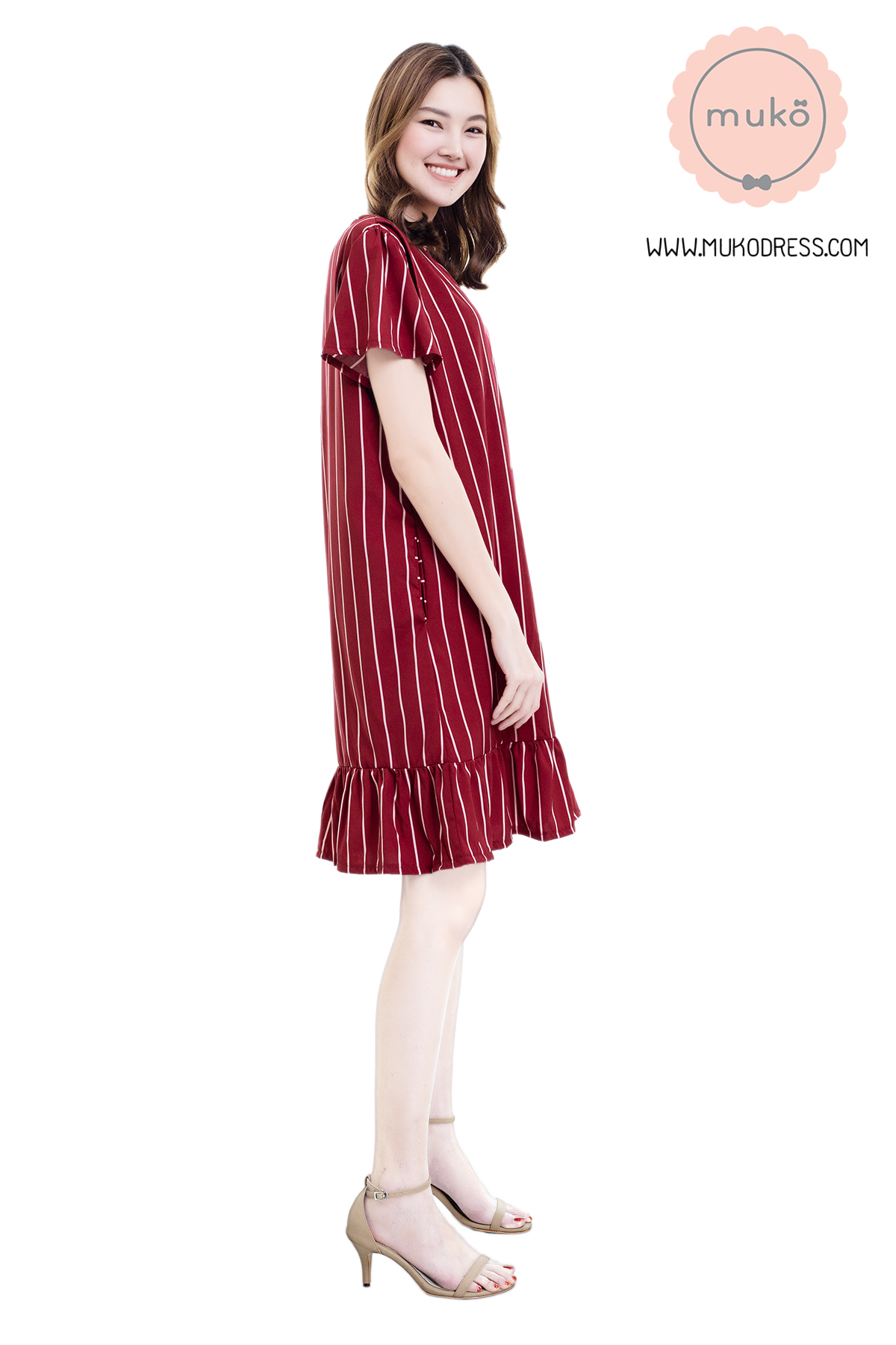Muko Sakura เดรสเปิดให้นมคลุมท้อง (ไหมอิตาลีพรีเมี่ยม) DZ40-006 ริ้วแดง