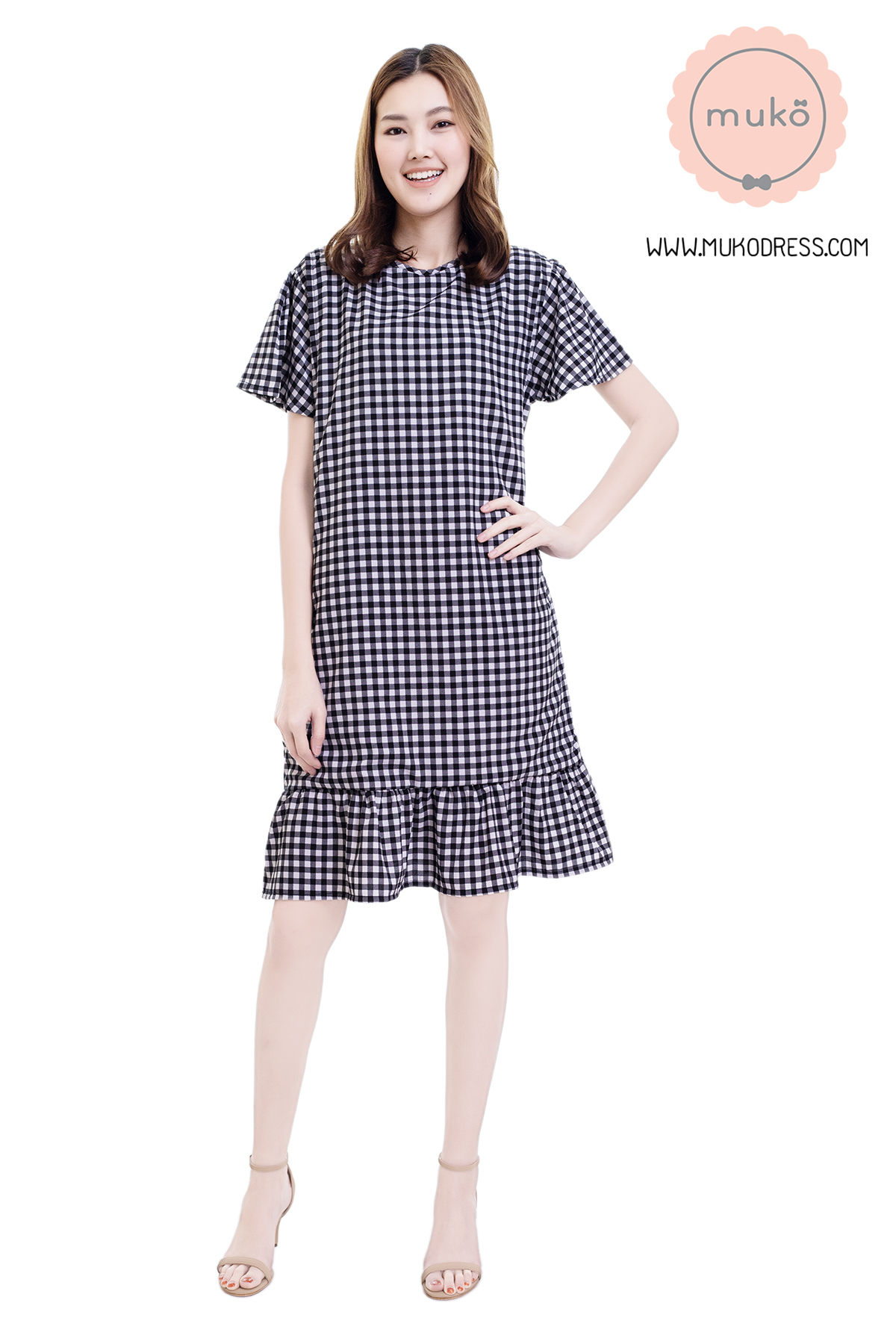 Muko Sakura เดรสเปิดให้นมคลุมท้อง (ไหมอิตาลีพรีเมี่ยม) DZ40-009 สก็อตดำ