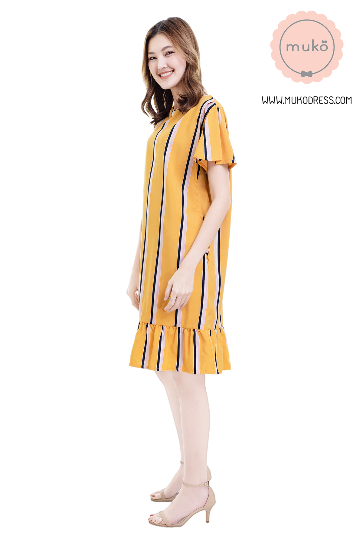 Muko Sakura เดรสเปิดให้นมคลุมท้อง (ไหมอิตาลีพรีเมี่ยม) DZ40-010 ริ้วเหลืองมัสตาร์ด