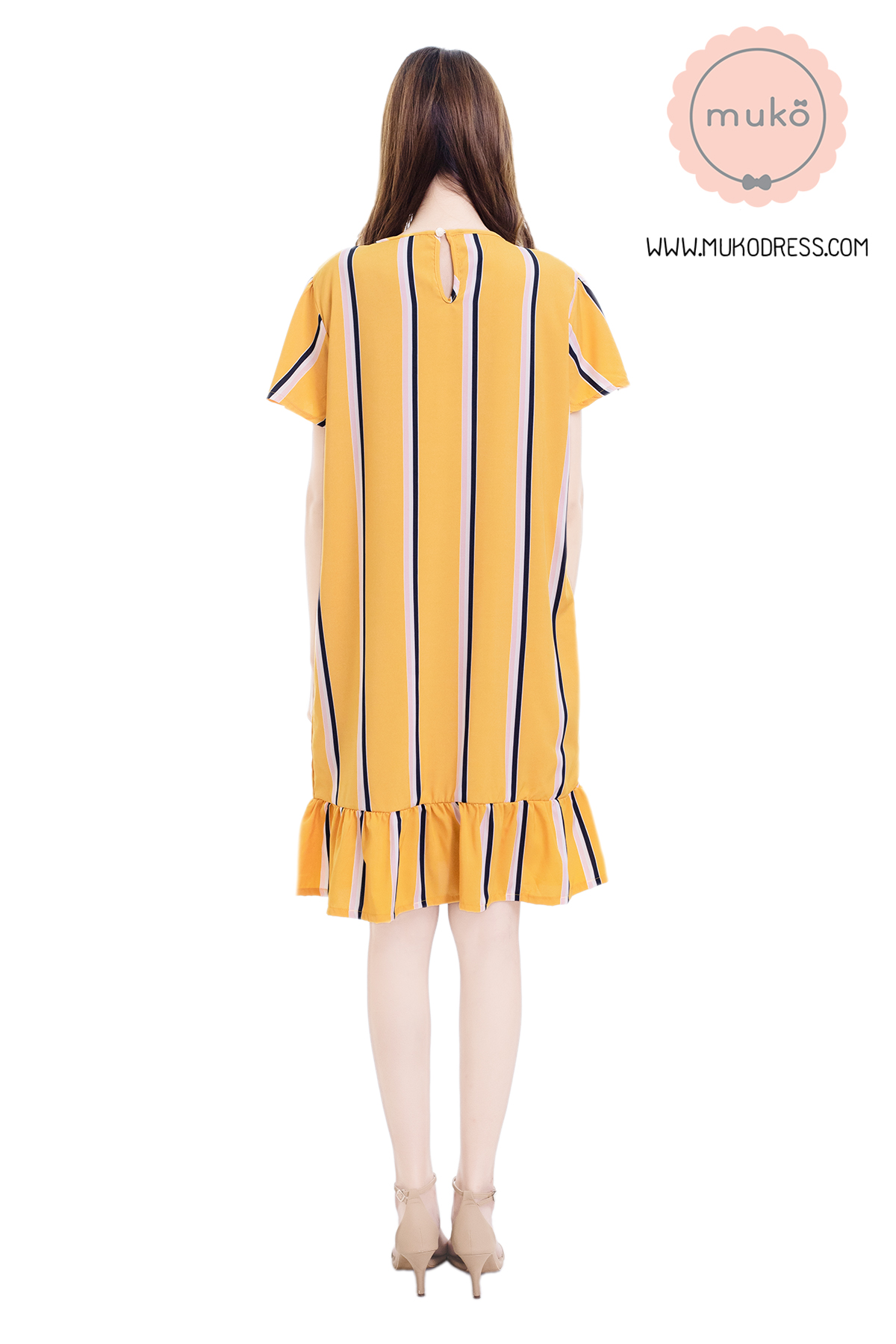 Muko Sakura เดรสเปิดให้นมคลุมท้อง (ไหมอิตาลีพรีเมี่ยม) DZ40-010 ริ้วเหลืองมัสตาร์ด
