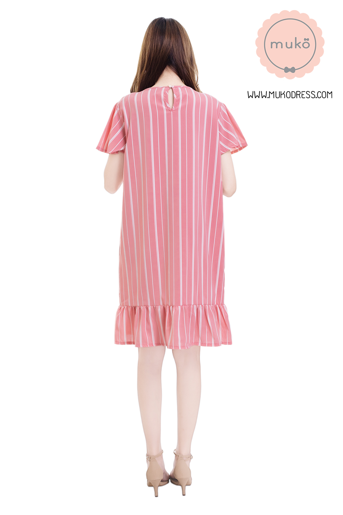 Muko Sakura เดรสเปิดให้นมคลุมท้อง (ไหมอิตาลีพรีเมี่ยม) DZ40-011 ริ้วชมพู
