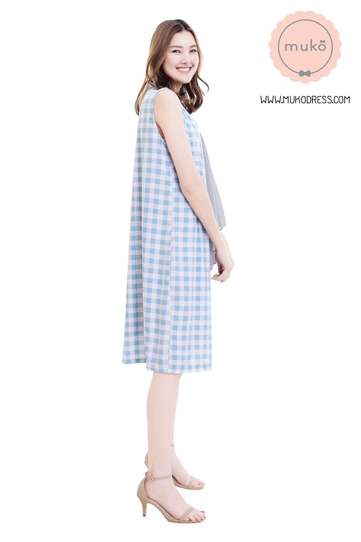 Muko Sugar Bird เดรสให้นม คลุมท้อง DZ41-008 สก็อตฟ้าอ่อน