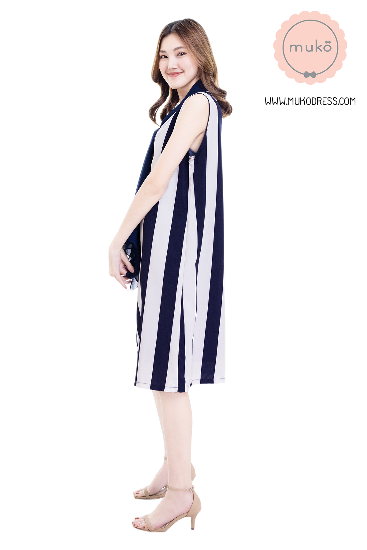 Muko Sugar Bird เดรสให้นม คลุมท้อง DZ41-012 ริ้วกรมขาว