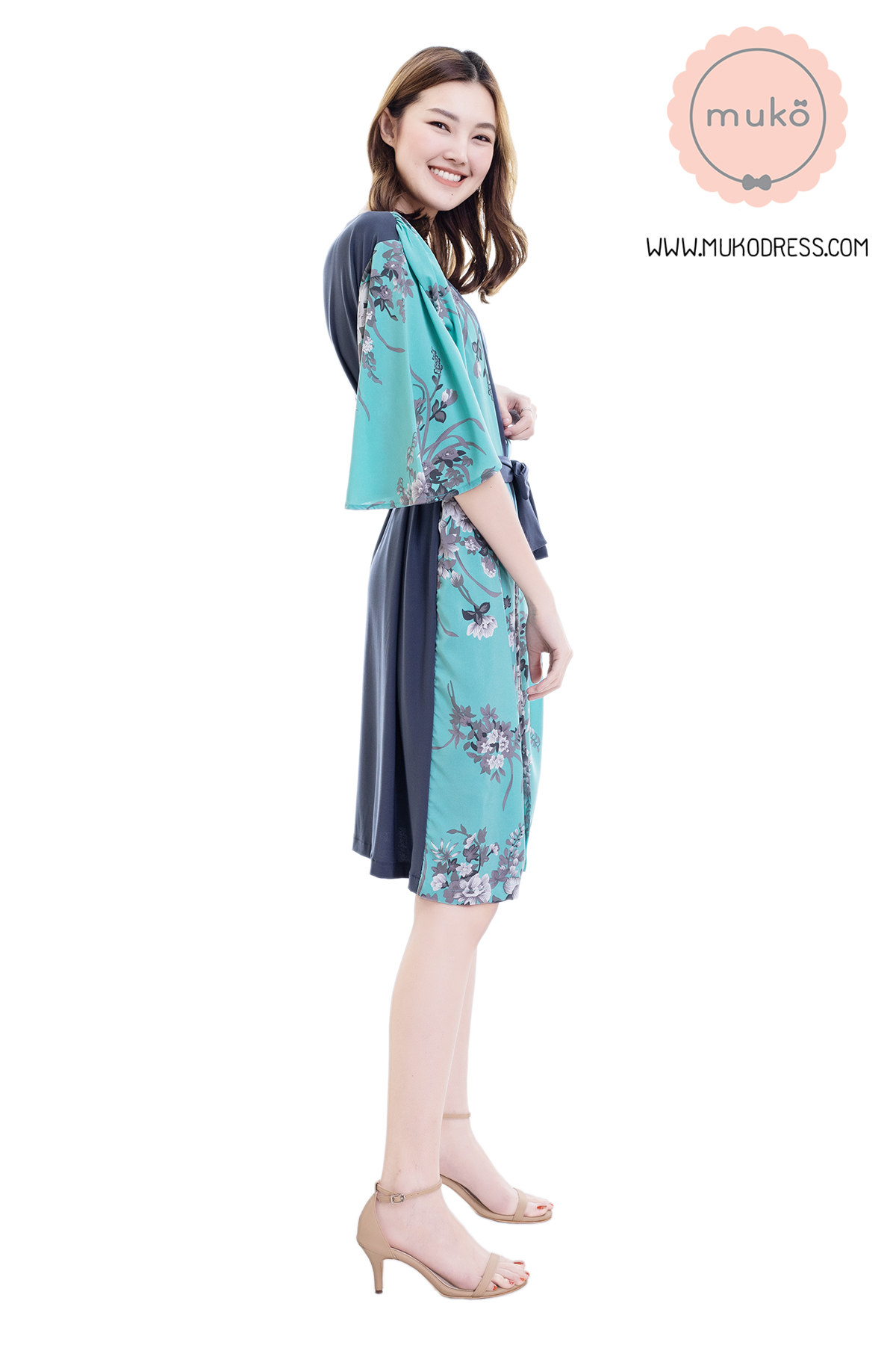 Muko Roselyn เดรสให้นม คลุมท้อง DP09-006 เทา-เขียวดอก