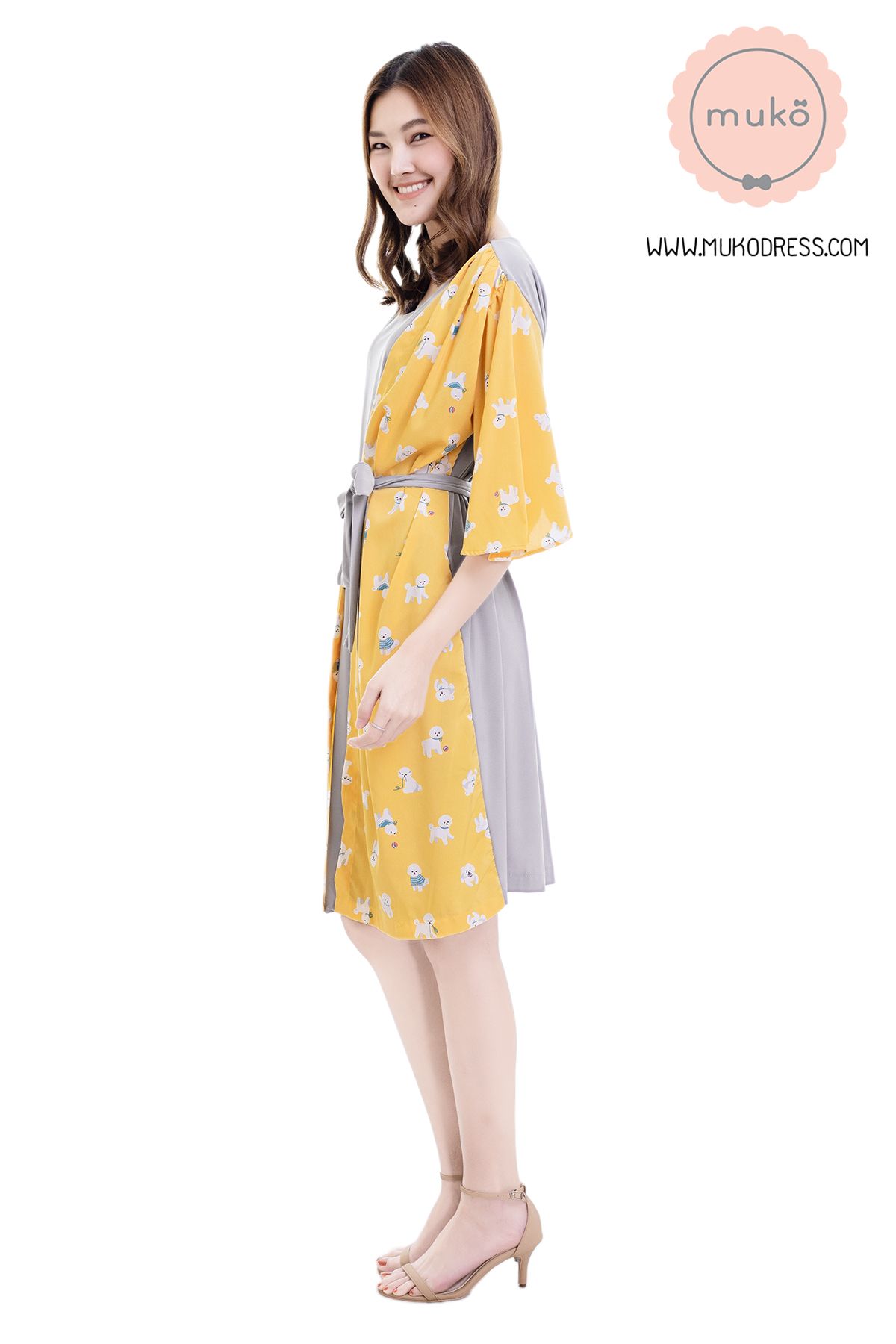 Muko Roselyn เดรสให้นม คลุมท้อง DP09-007 เทา-เหลืองหมาขาว