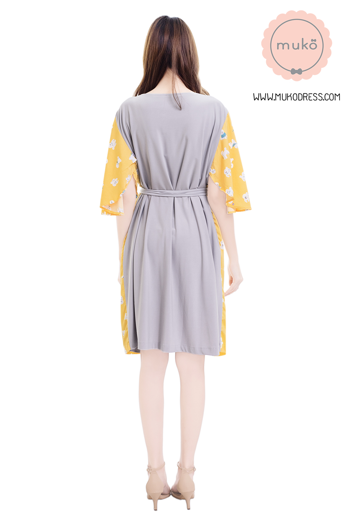 Muko Roselyn เดรสให้นม คลุมท้อง DP09-007 เทา-เหลืองหมาขาว