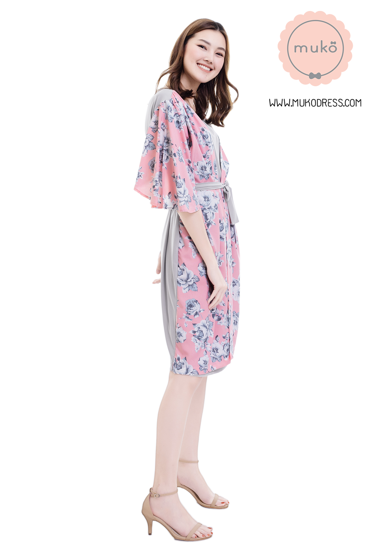 Muko Roselyn เดรสให้นม คลุมท้อง DP09-008 เทา-ชมพูดอก