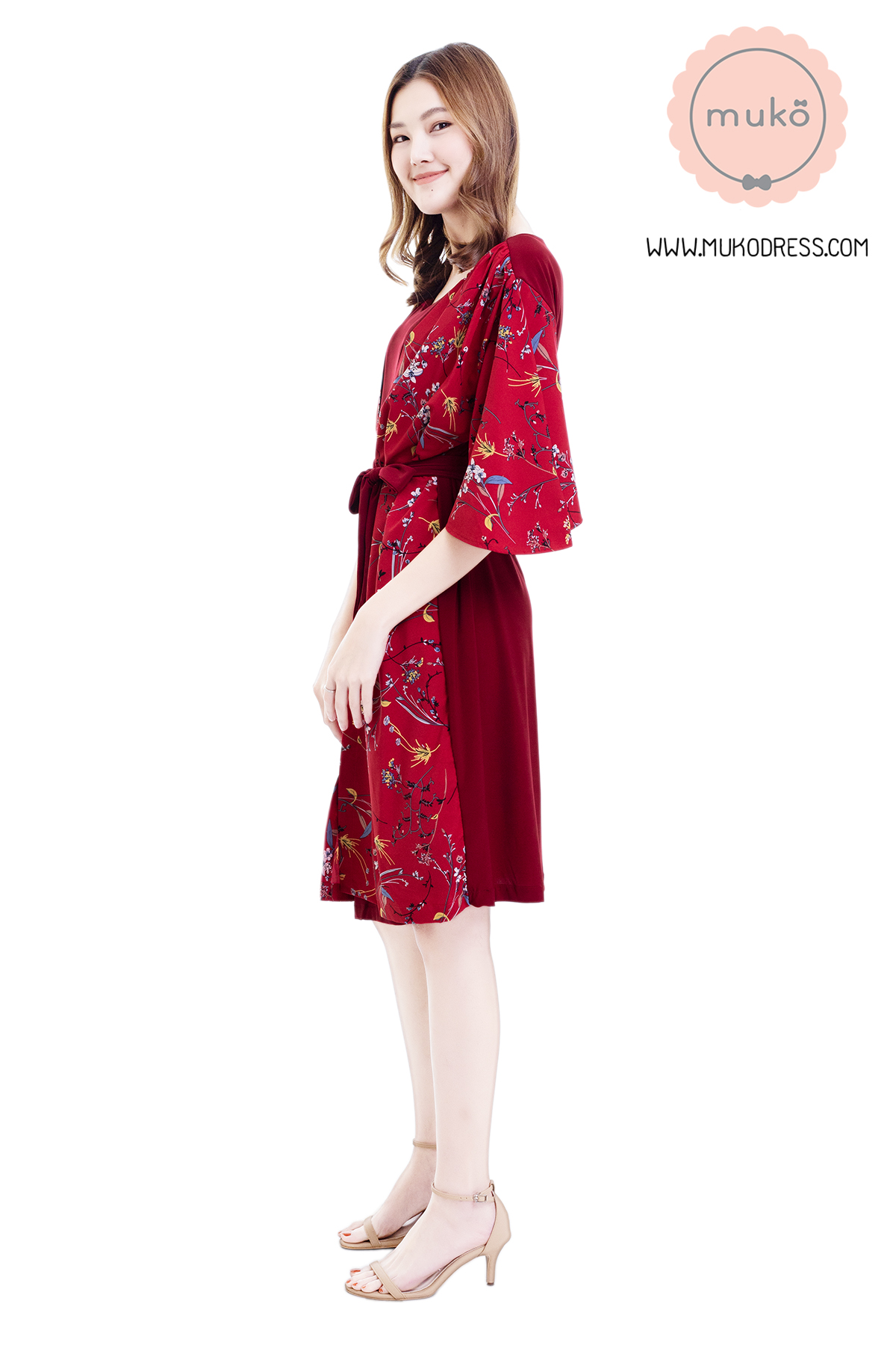 Muko Roselyn เดรสให้นม คลุมท้อง DP09-009 แดงเลือดหมู-แดงดอก
