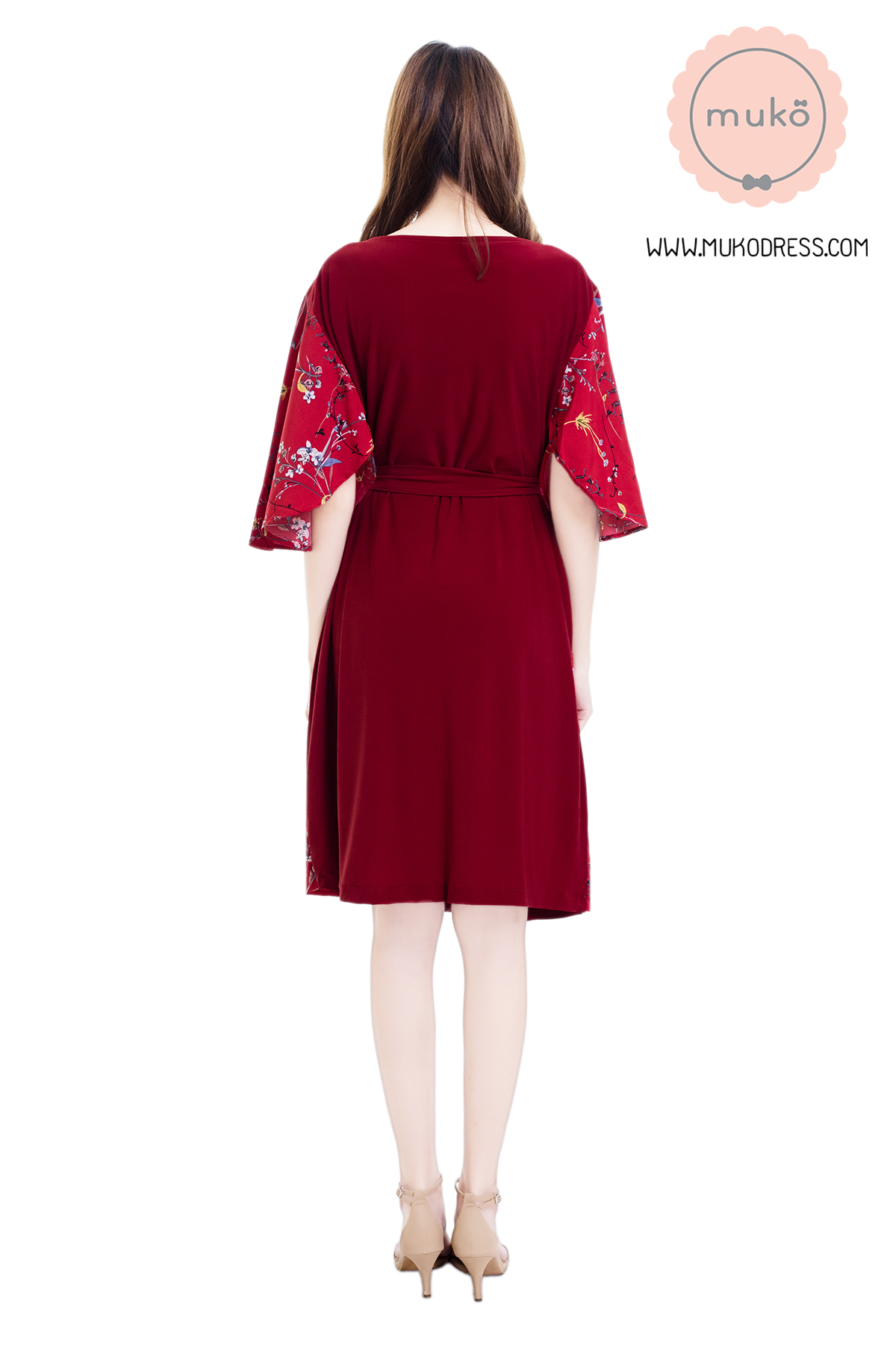 Muko Roselyn เดรสให้นม คลุมท้อง DP09-009 แดงเลือดหมู-แดงดอก