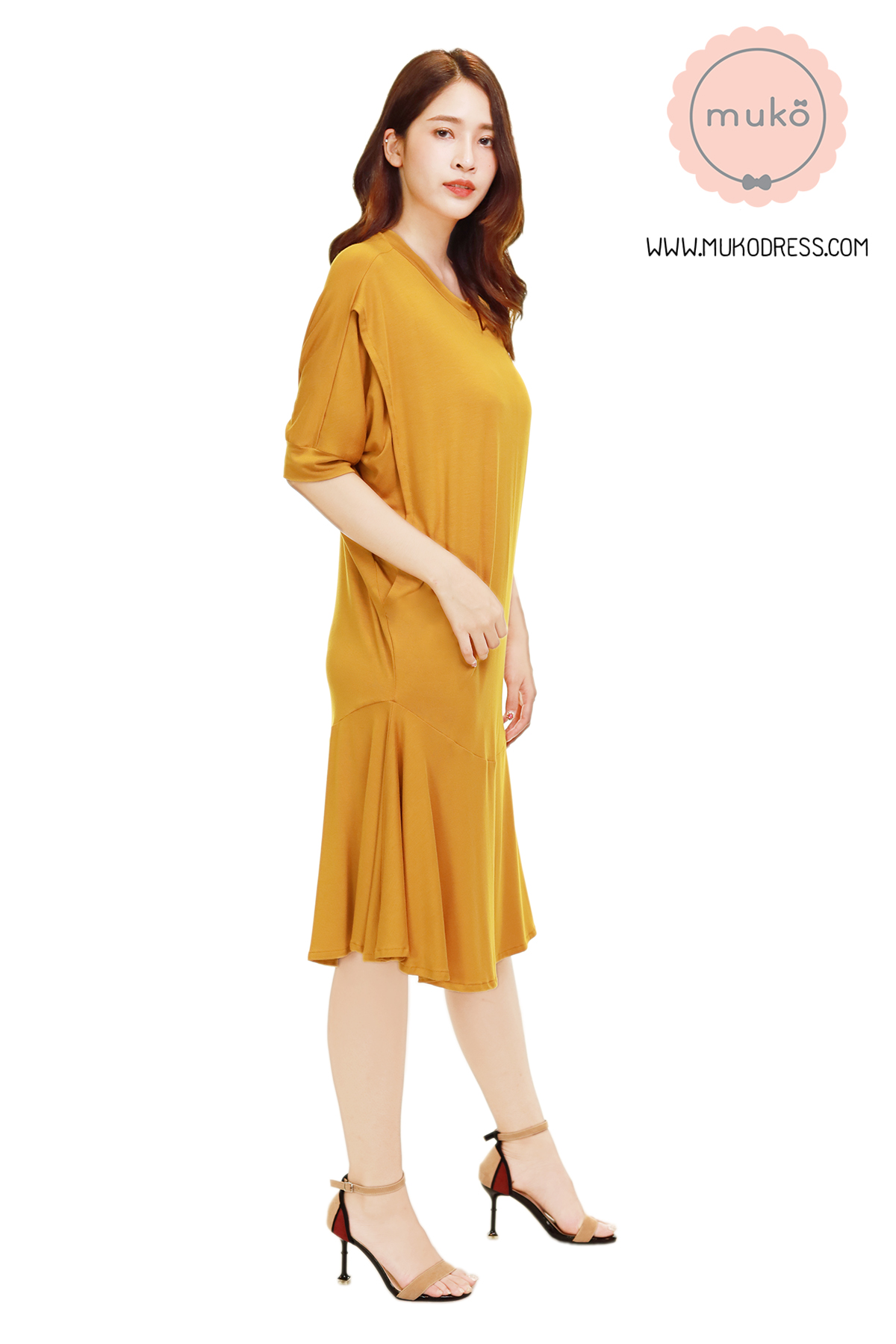 Muko Praline เดรสให้นม คลุมท้อง DR18-011 สีเหลืองมัสตาร์ด