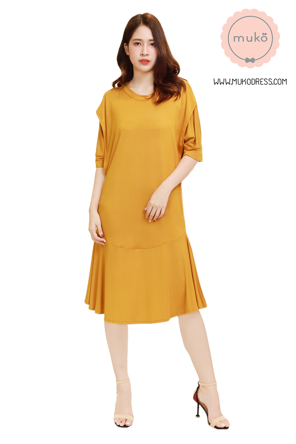 Muko Praline เดรสให้นม คลุมท้อง DR18-011 สีเหลืองมัสตาร์ด