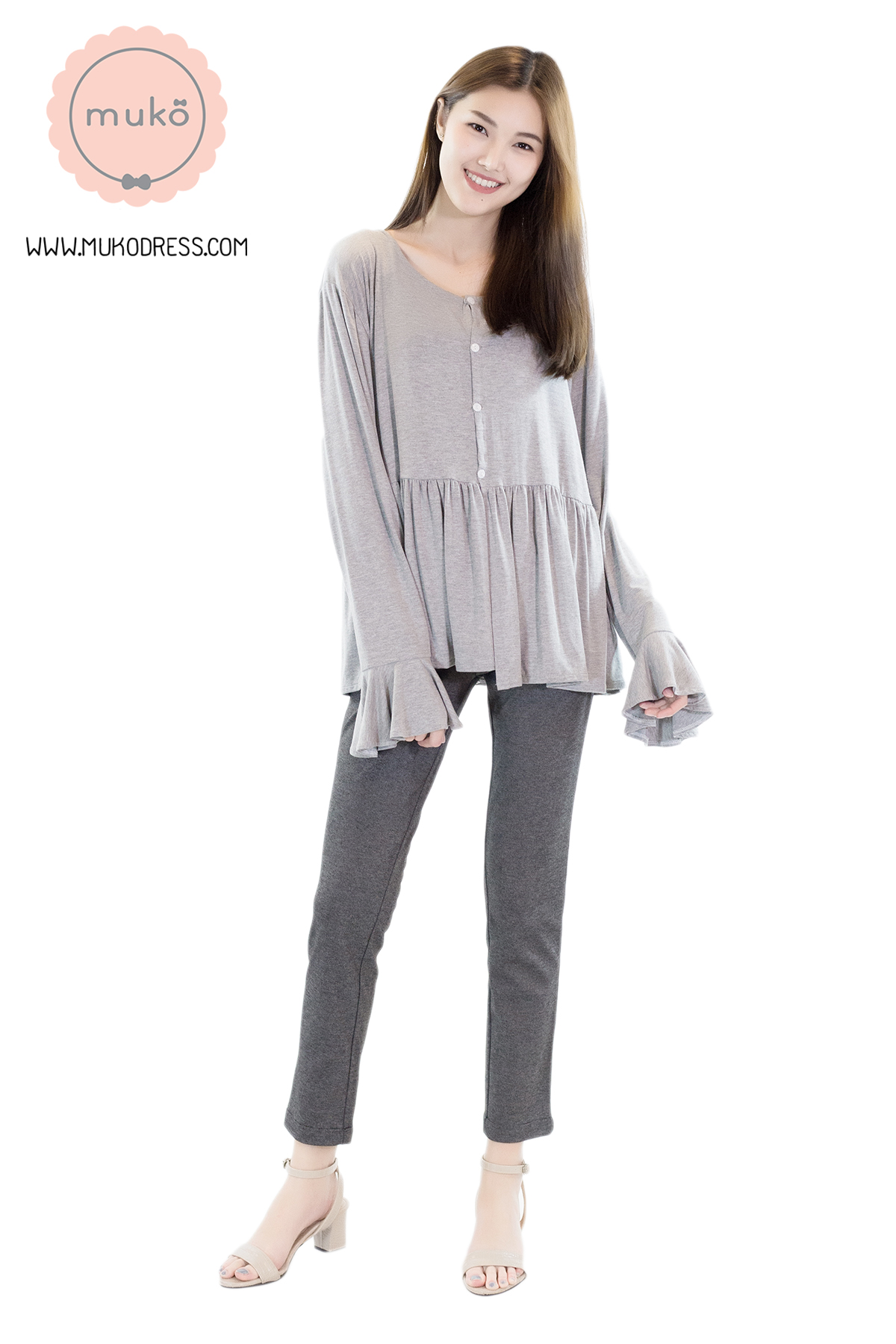 Muko Brooklyn Cardigan เสื้อคลุม แขนระบายอกระบาย AB05-001 สีเทาอ่อน Muko Brooklyn Cardigan เสื้อคลุม แขนระบายอกระบาย AB05-001 สีเทาอ่อน