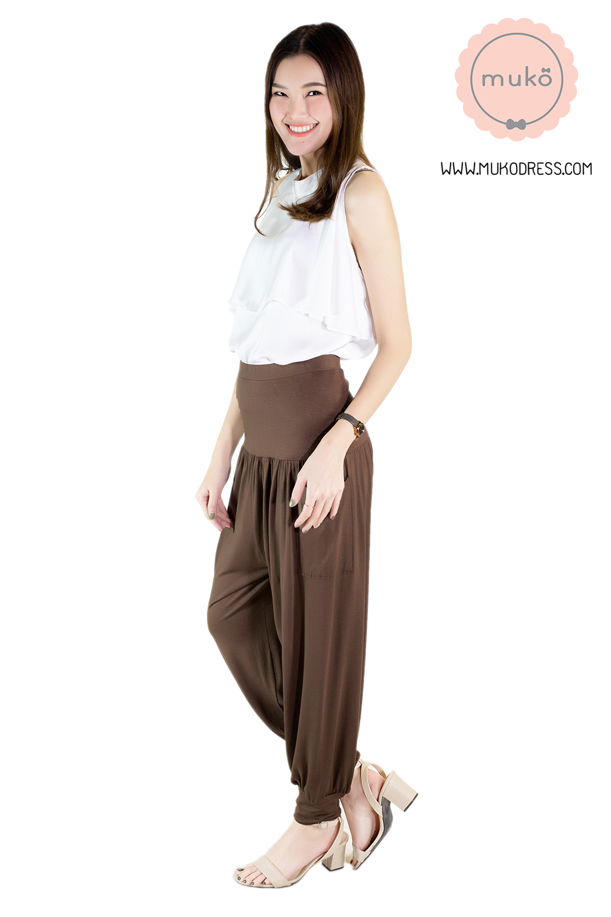Muko Colla กางเกงขายาว ทรงจินนี่ BL02-005 น้ำตาลเข้ม