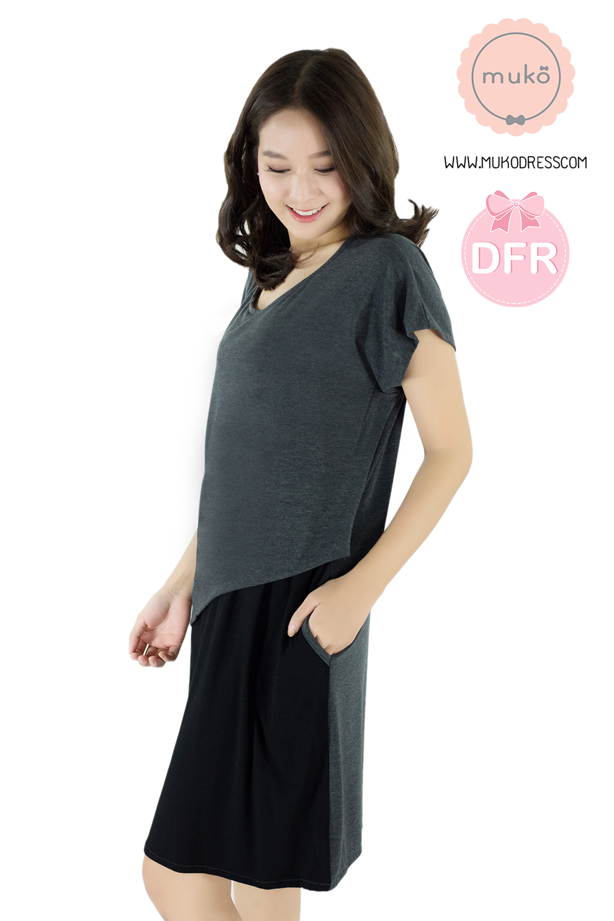 Muko Milin เดรสเปิดให้นม คลุมท้อง DR14-016DFR เทาเข้ม-ดำ Muko Milin เดรสเปิดให้นม คลุมท้อง DR14-016DFR เทาเข้ม-ดำ