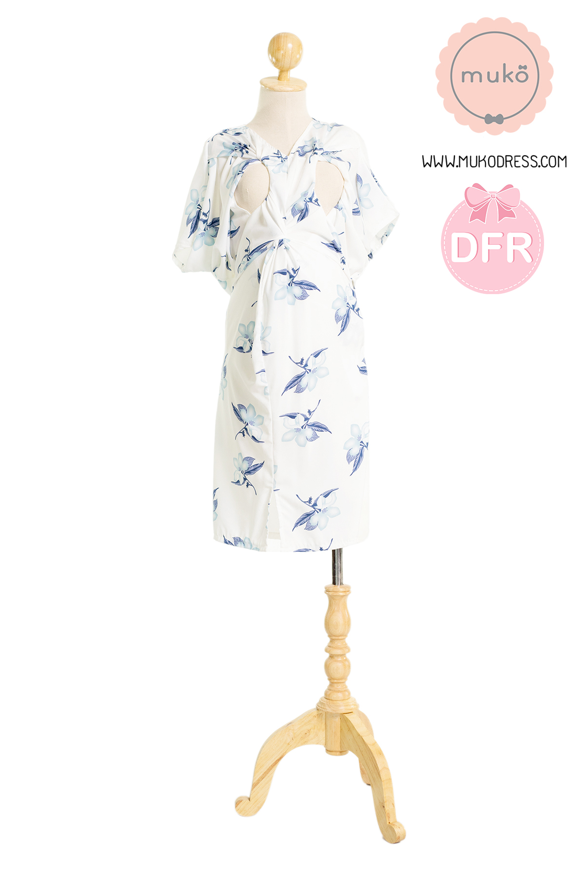 Muko Rose Mallow เดรสเปิดให้นม คลุมท้อง DP05-007DFR ขาวดอกฟ้า