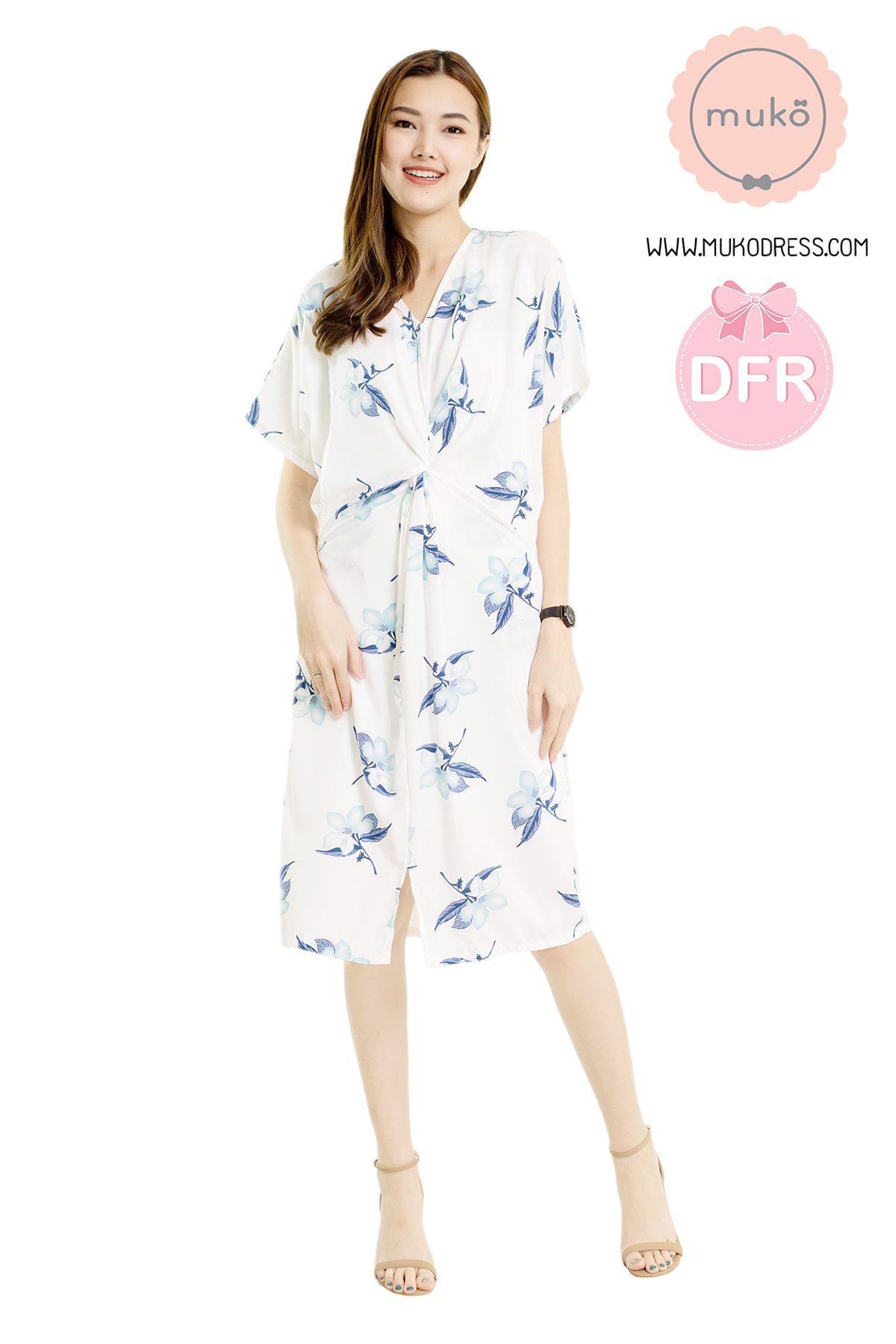 Muko Rose Mallow เดรสเปิดให้นม คลุมท้อง DP05-007DFR ขาวดอกฟ้า