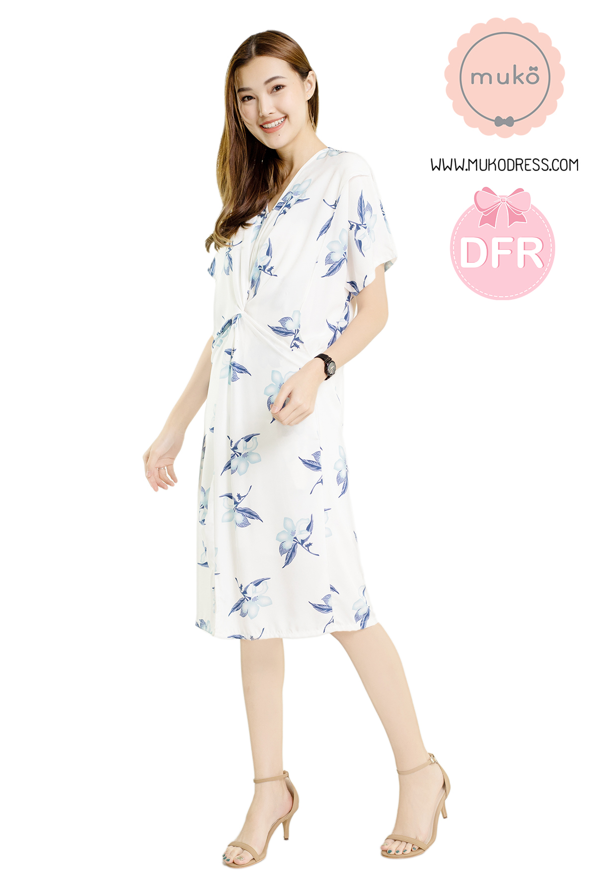 Muko Rose Mallow เดรสเปิดให้นม คลุมท้อง DP05-007DFR ขาวดอกฟ้า