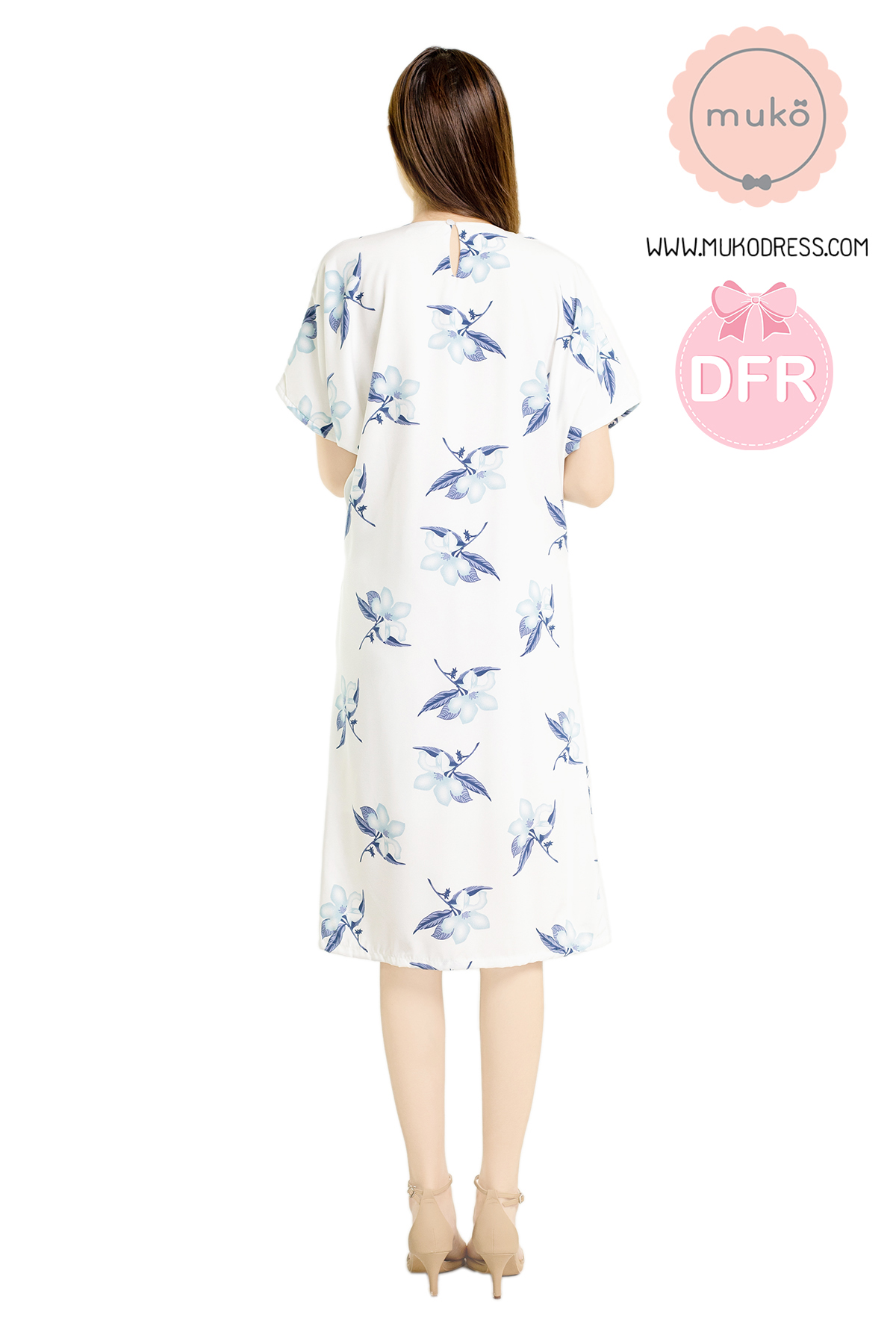 Muko Rose Mallow เดรสเปิดให้นม คลุมท้อง DP05-007DFR ขาวดอกฟ้า