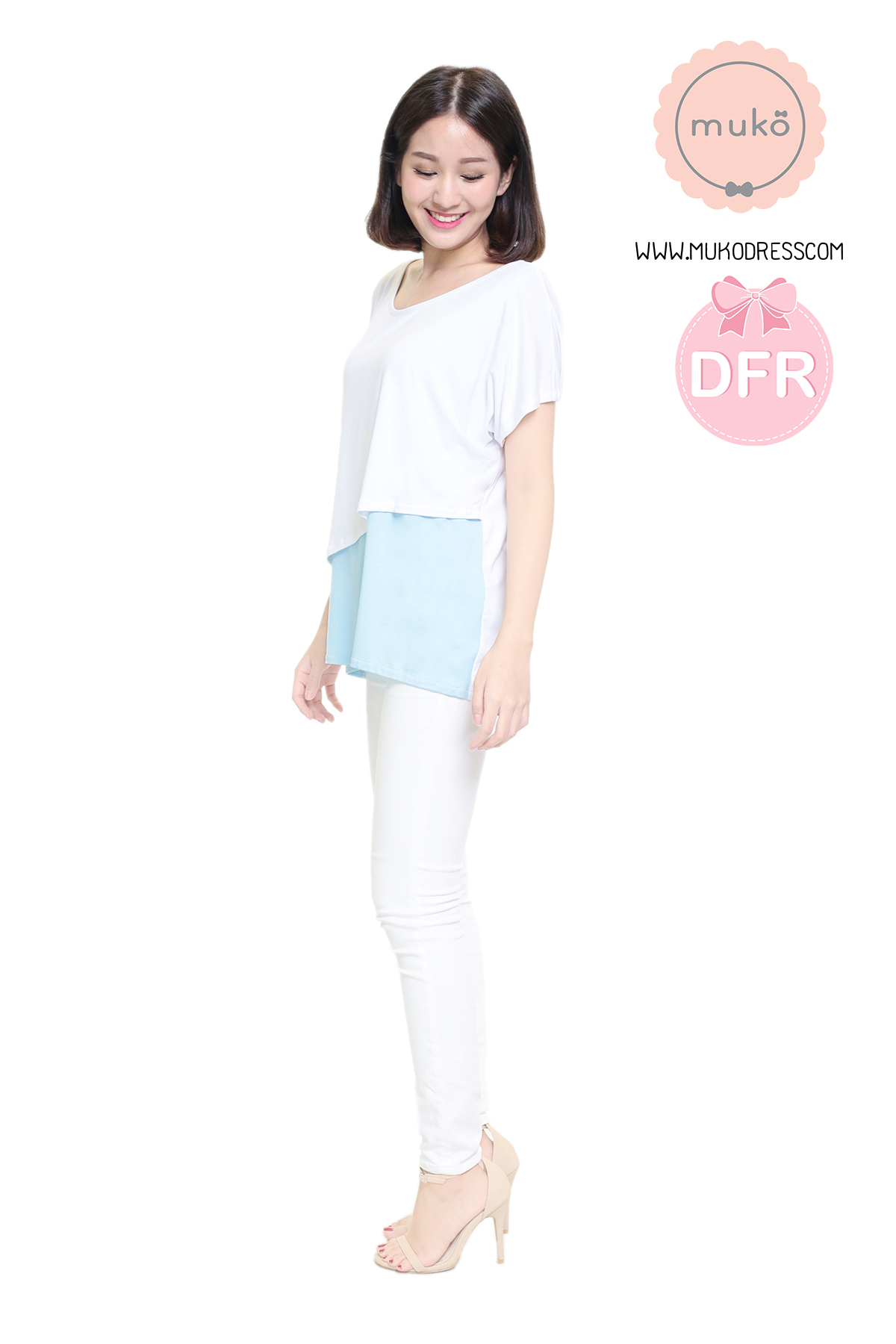 Muko Mila  เสื้อเปิดให้นม คลุมท้อง TC12-044DFR ขาว-ฟ้า