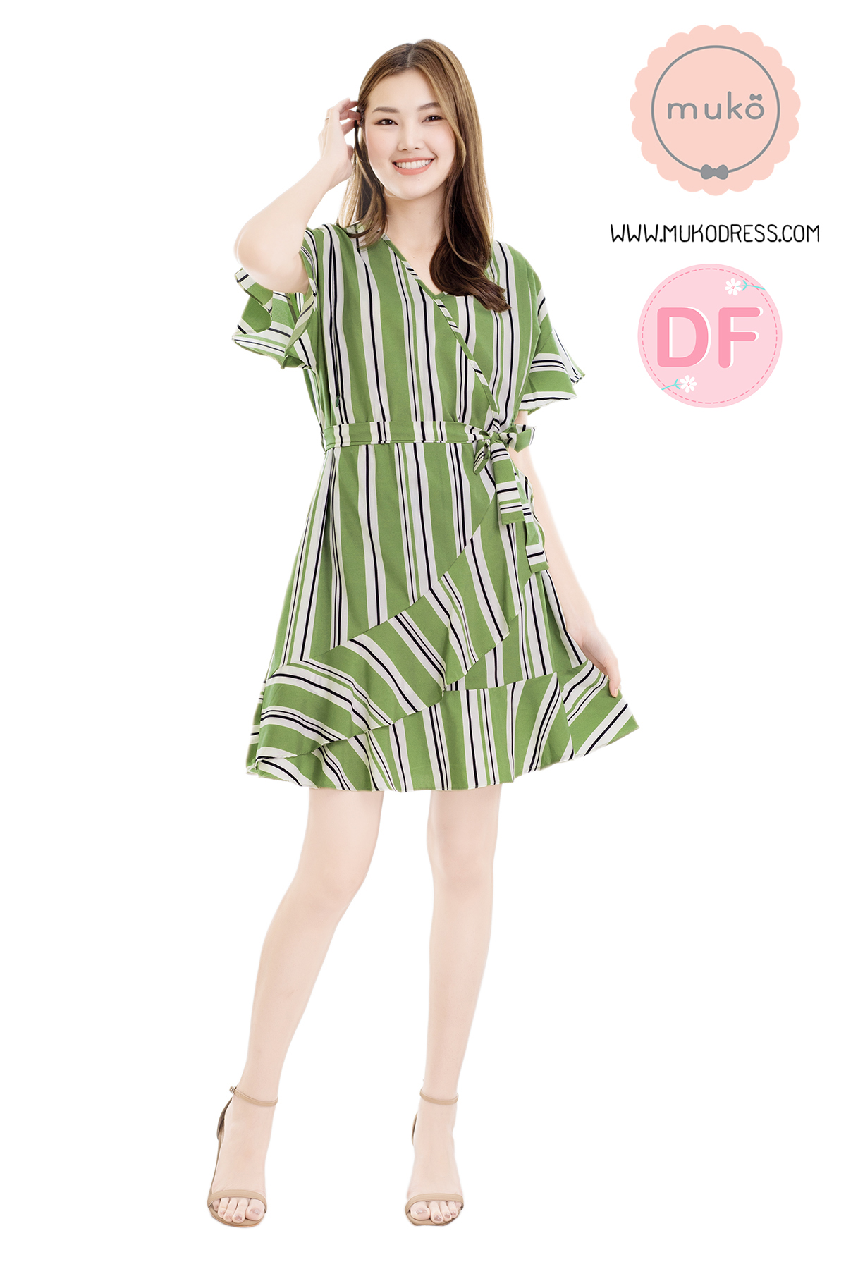Muko MACY เดรสให้นม/คลุมท้อง DZ26-031DF ริ้วเขียวขาว