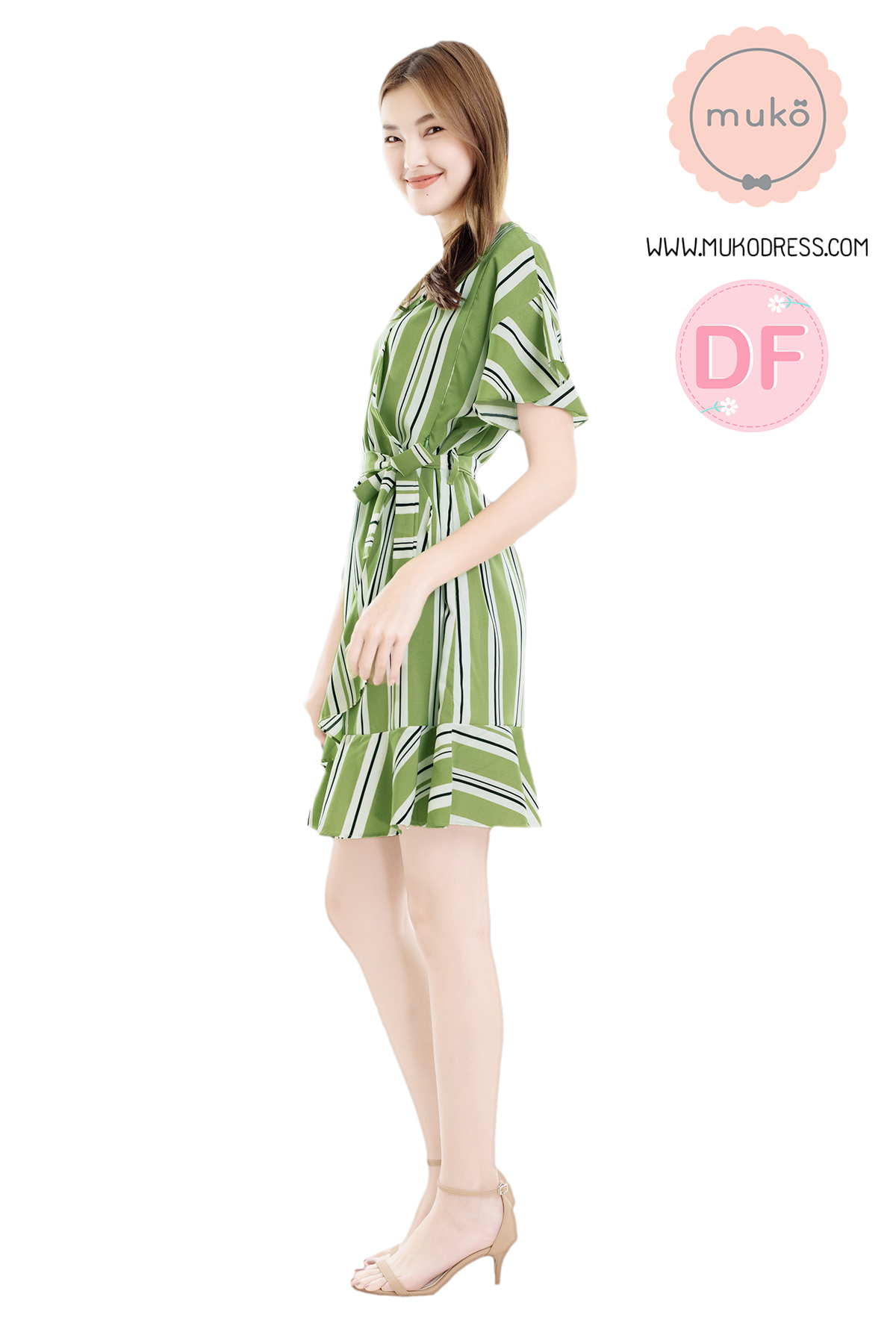 Muko MACY เดรสให้นม/คลุมท้อง DZ26-031DF ริ้วเขียวขาว