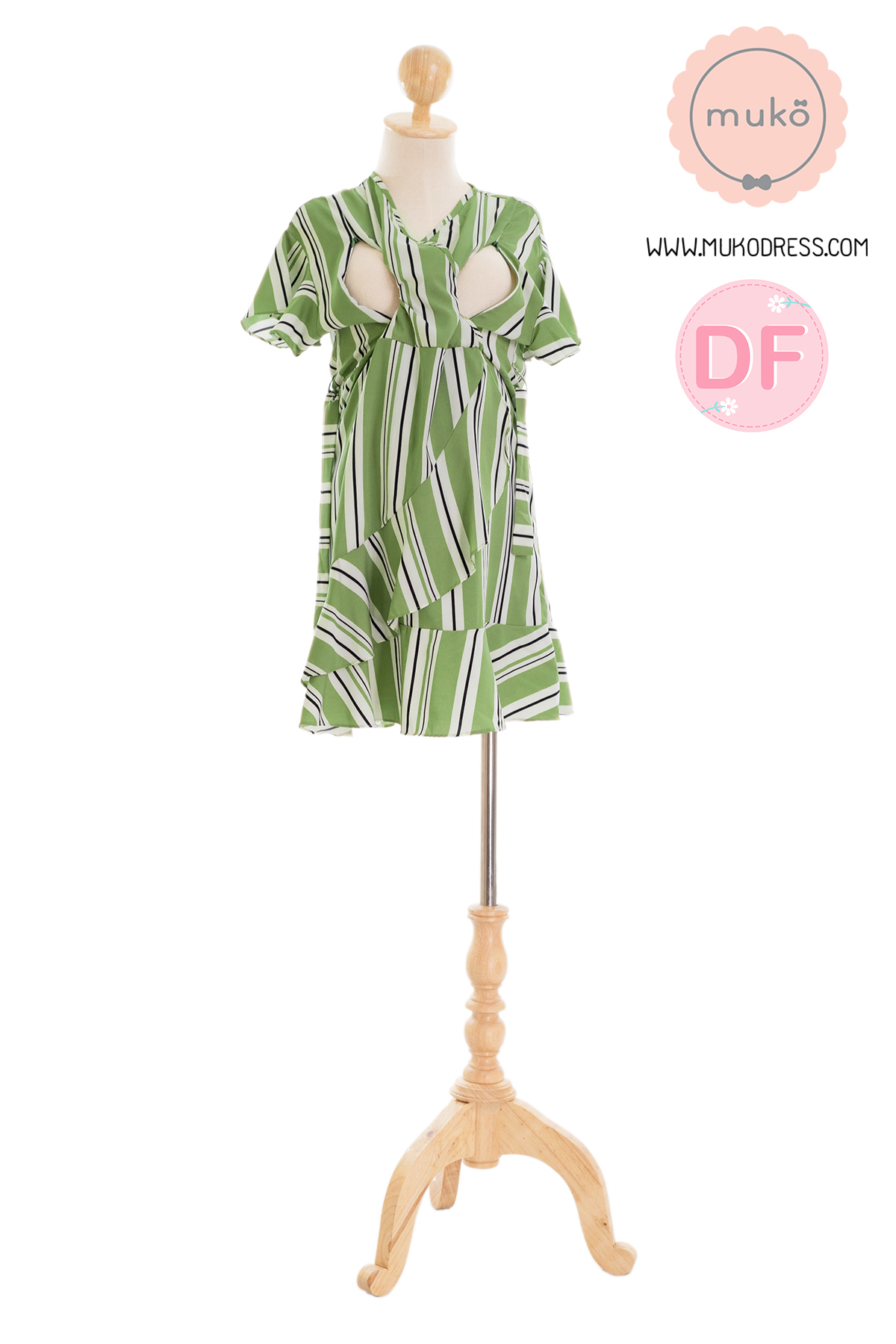Muko MACY เดรสให้นม/คลุมท้อง DZ26-031DF ริ้วเขียวขาว
