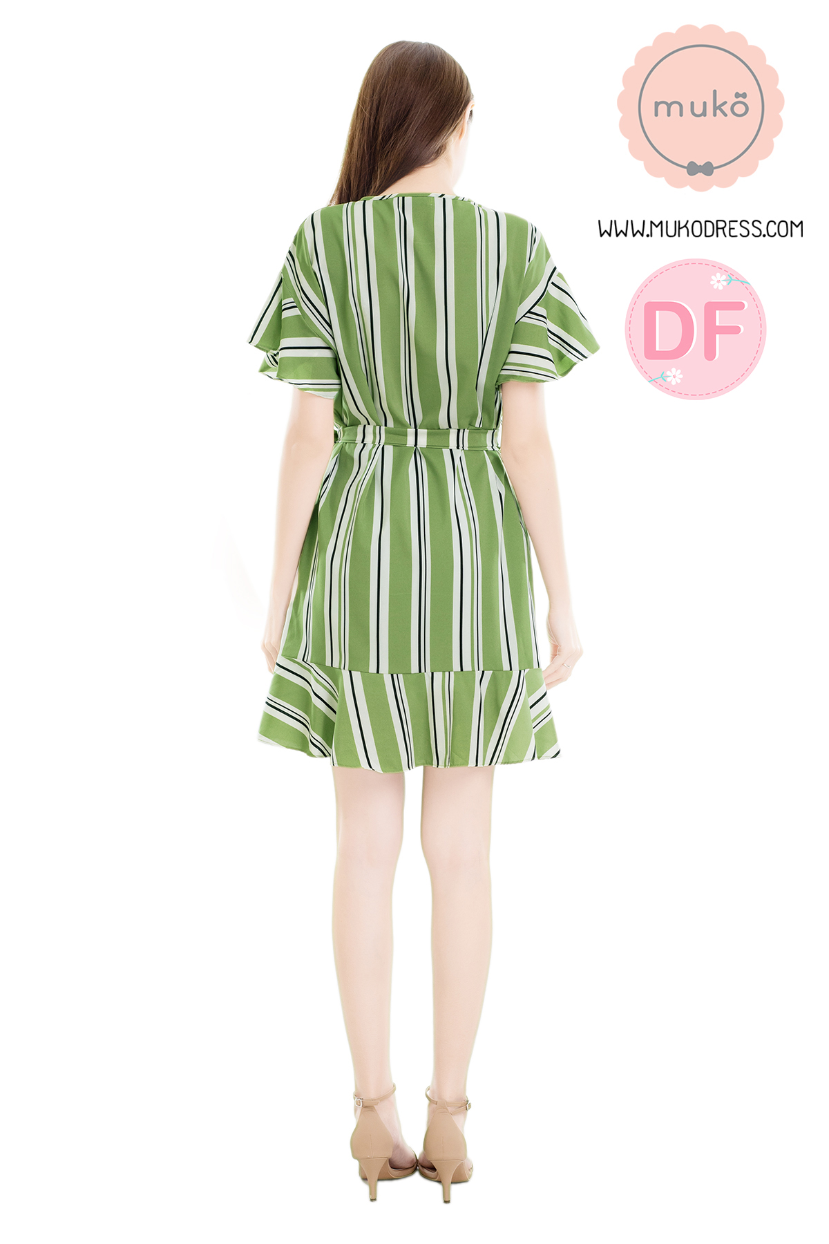 Muko MACY เดรสให้นม/คลุมท้อง DZ26-031DF ริ้วเขียวขาว