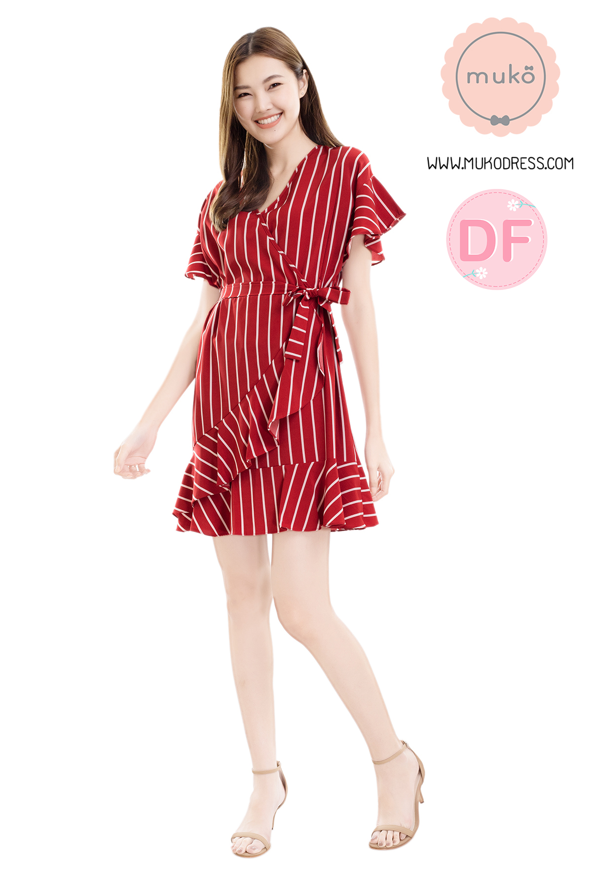 Muko MACY เดรสให้นม/คลุมท้อง DZ26-017DF ริ้วแดงสด