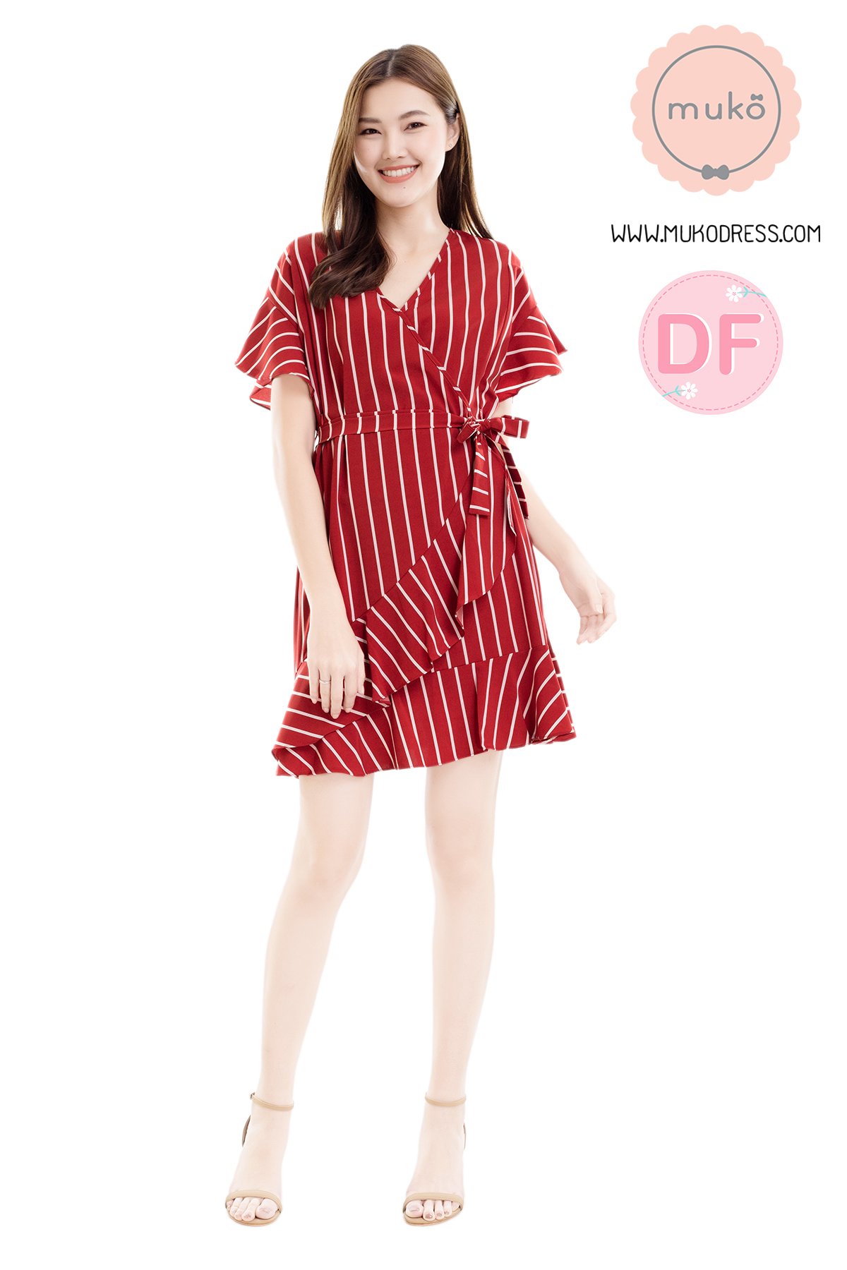Muko MACY เดรสให้นม/คลุมท้อง DZ26-017DF ริ้วแดงสด