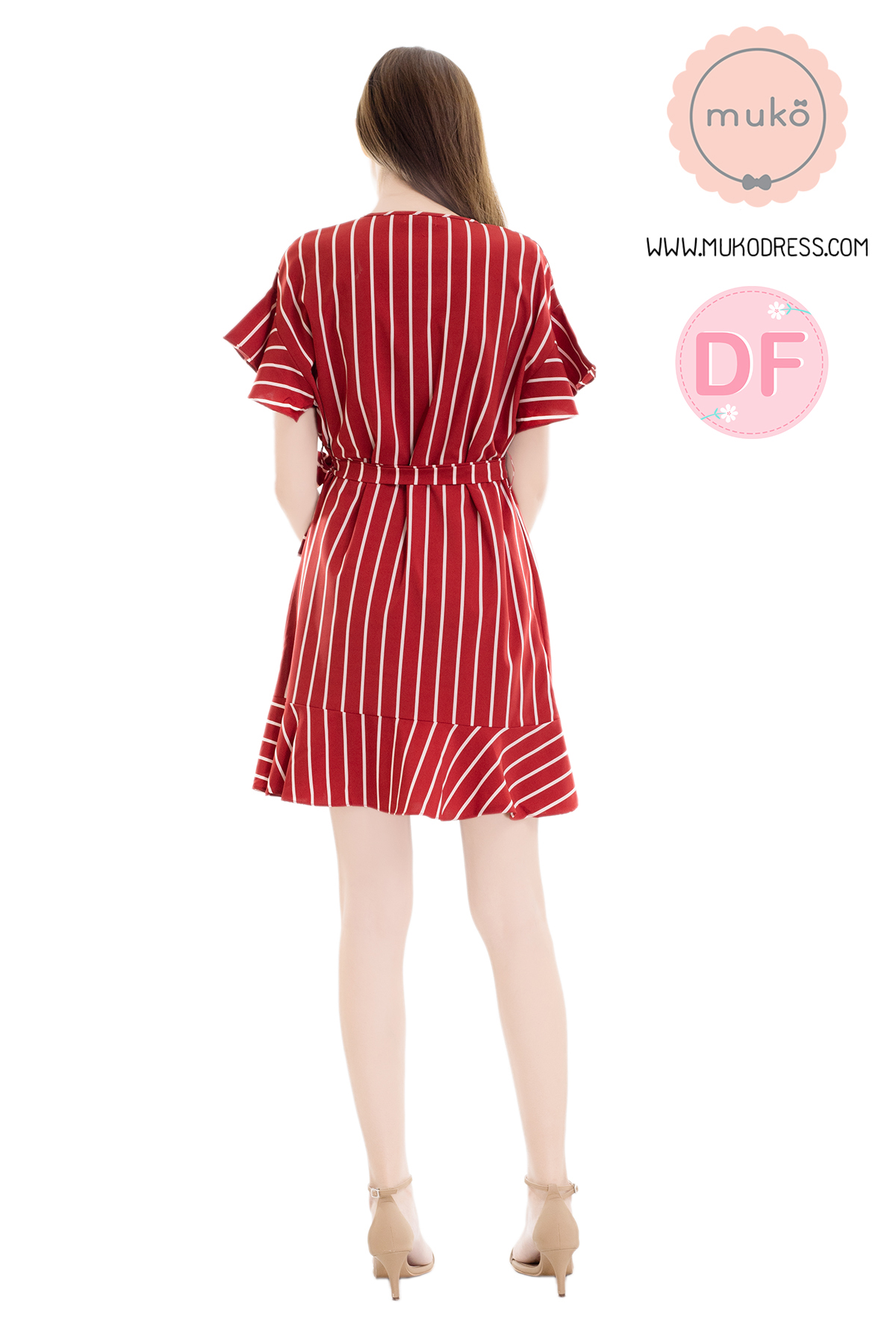 Muko MACY เดรสให้นม/คลุมท้อง DZ26-017DF ริ้วแดงสด