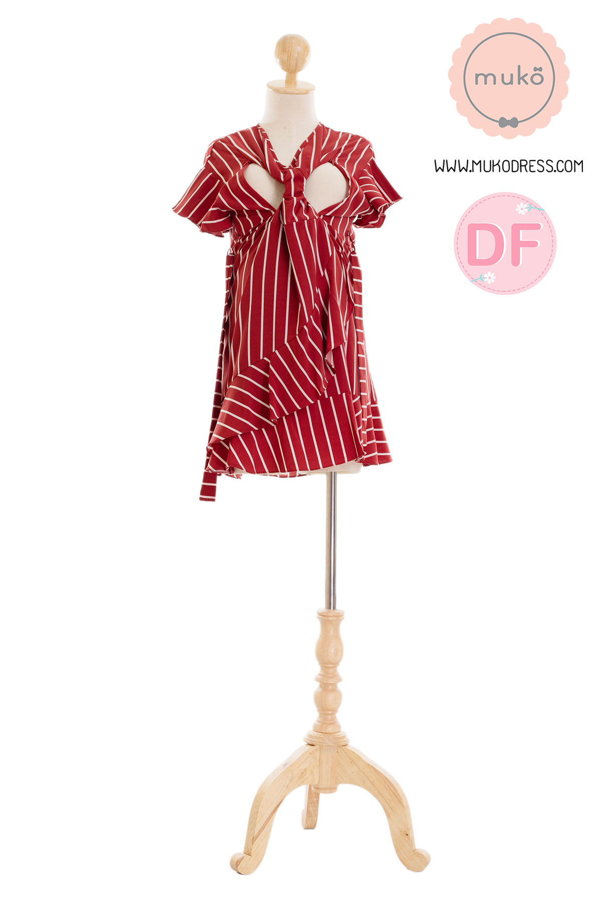 Muko MACY เดรสให้นม/คลุมท้อง DZ26-017DF ริ้วแดงสด