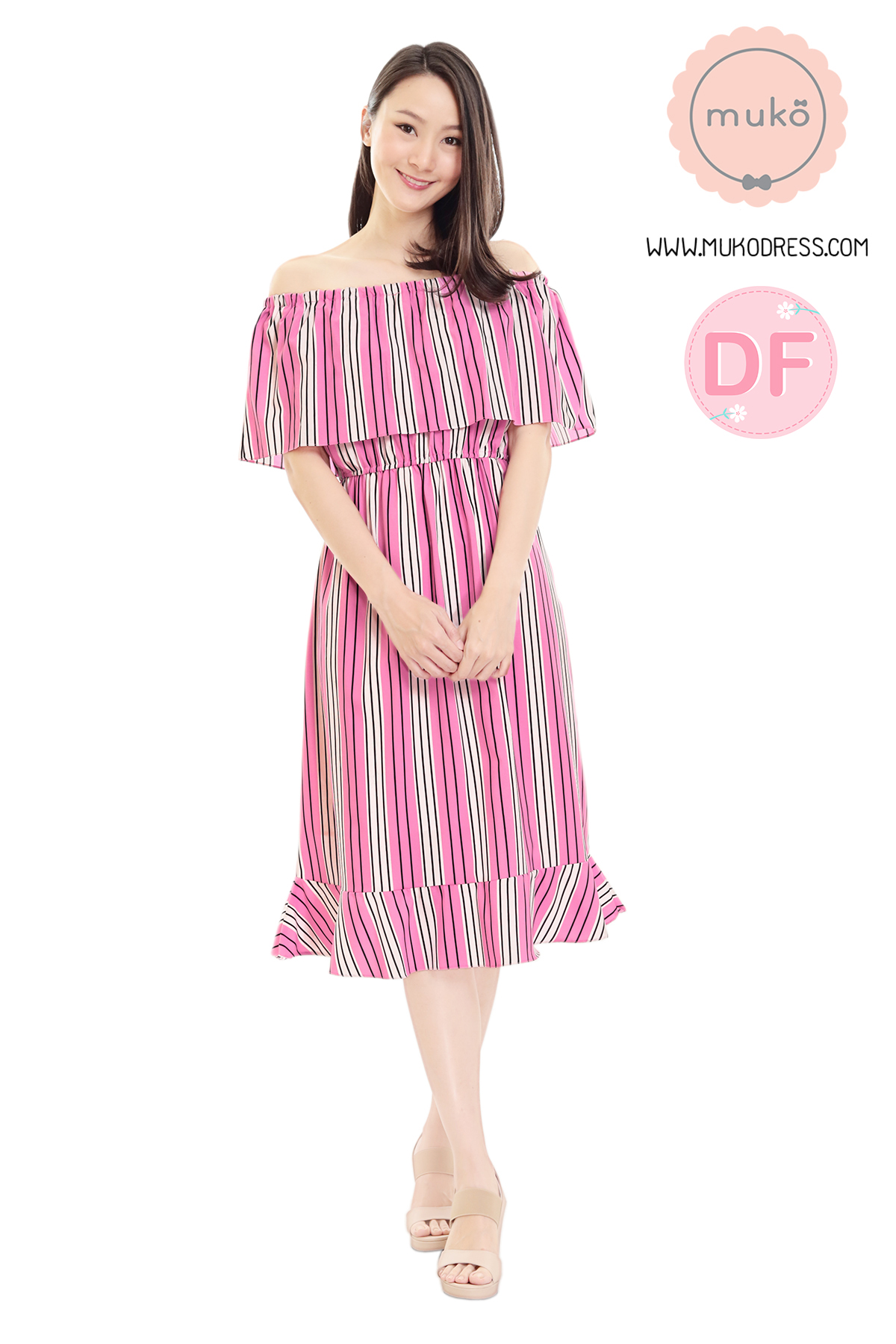 Muko Shimmer เดรสคลุมท้อง เปิดให้นม DZ27-015DF ริ้วชมพู