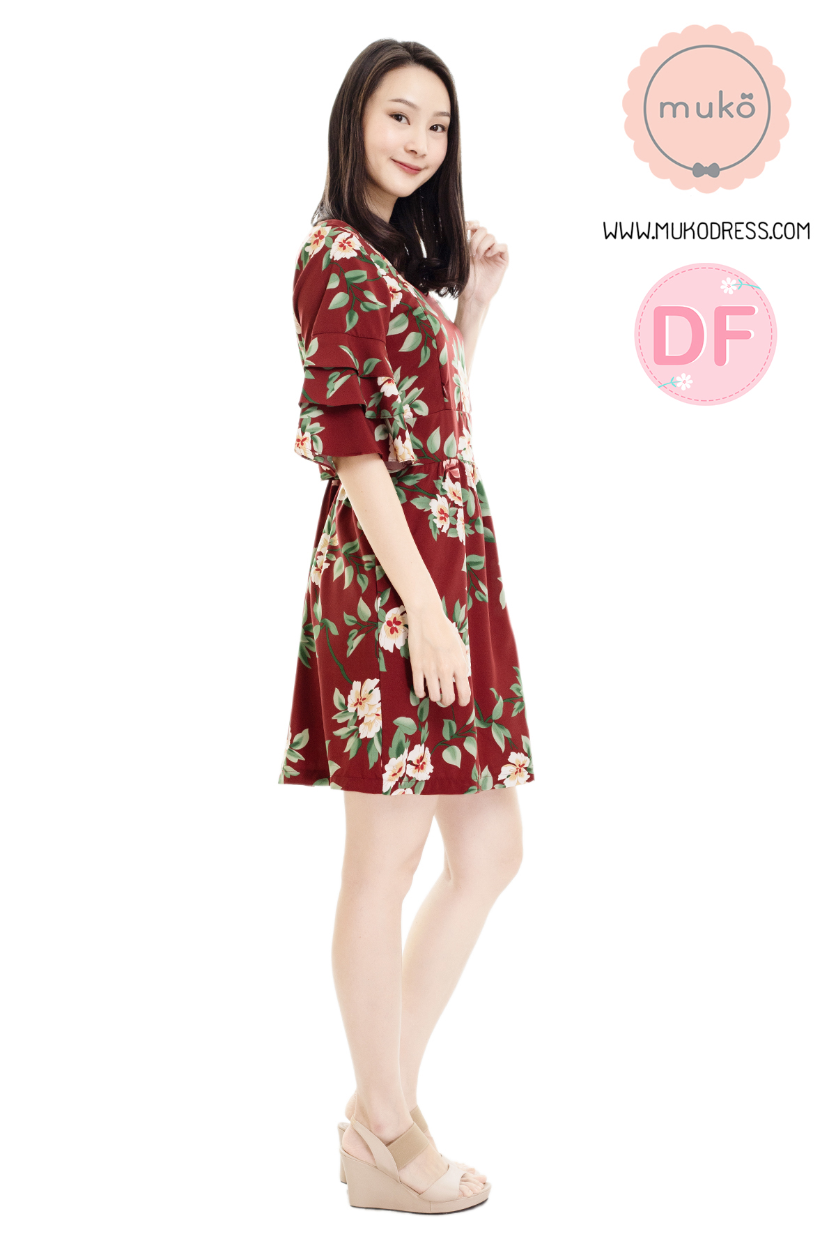 Muko Camelia เดรสเปิดให้นม คลุมท้อง DZ36-014DF แดงดอก