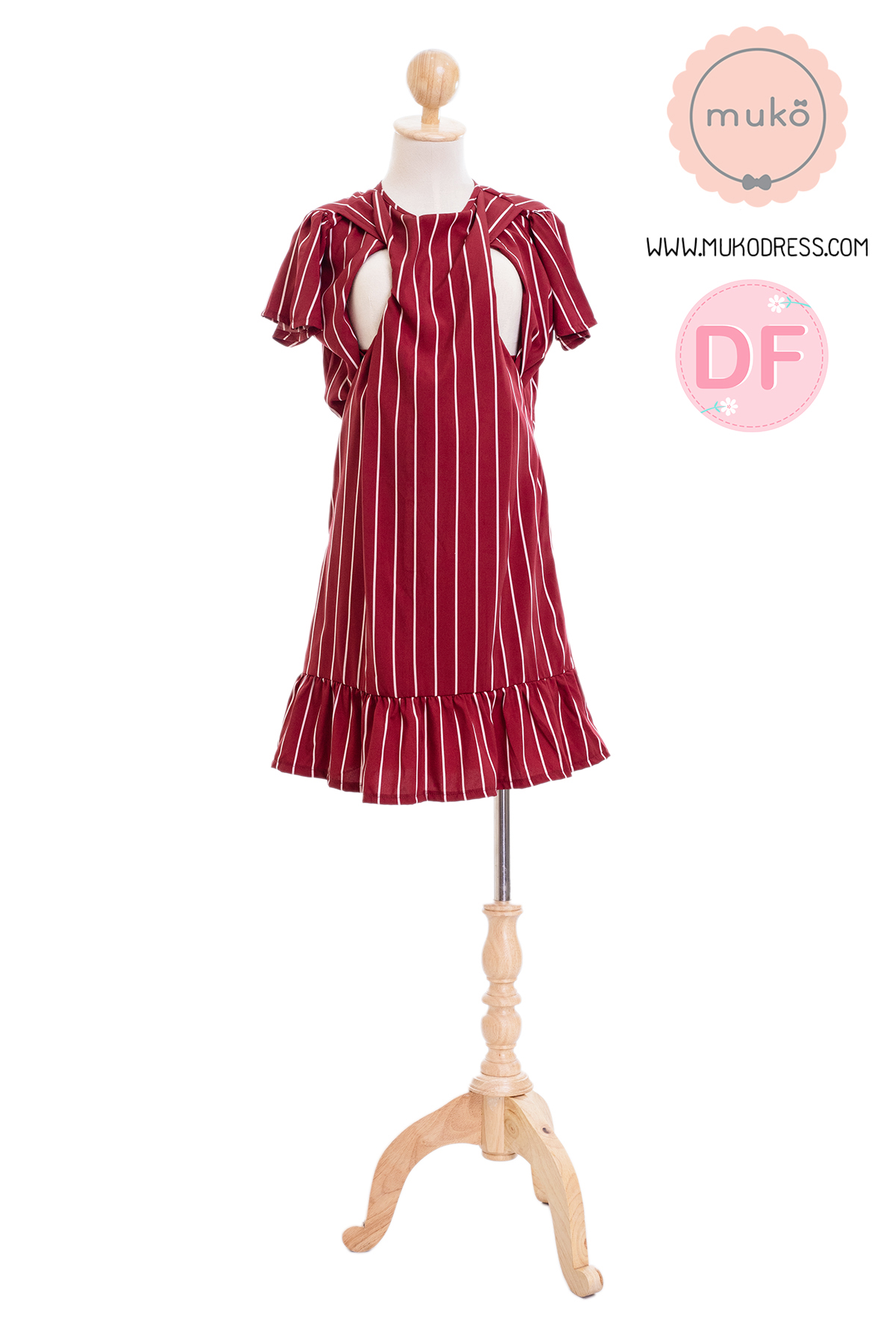 Muko Sakura เดรสเปิดให้นมคลุมท้อง (ไหมอิตาลีพรีเมี่ยม) DZ40-006DF ริ้วแดง