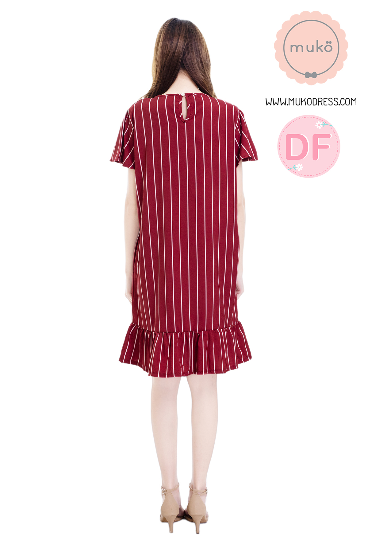 Muko Sakura เดรสเปิดให้นมคลุมท้อง (ไหมอิตาลีพรีเมี่ยม) DZ40-006DF ริ้วแดง