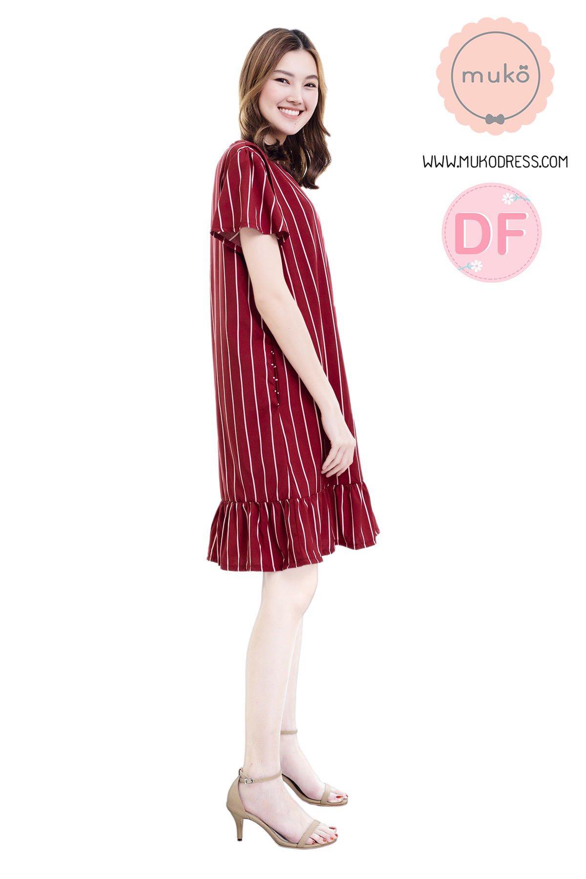 Muko Sakura เดรสเปิดให้นมคลุมท้อง (ไหมอิตาลีพรีเมี่ยม) DZ40-006DF ริ้วแดง