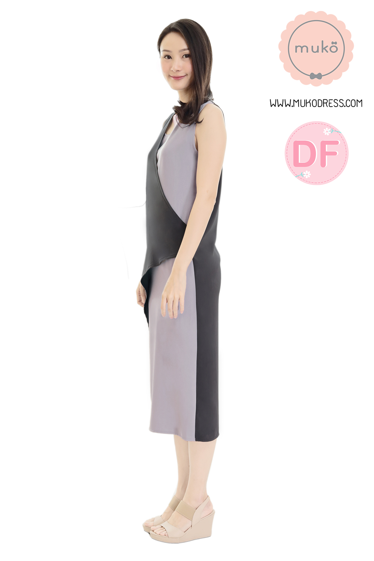 Muko Kinsley เดรสเปิดให้นม คลุมท้อง DP08-007DF เทาเข้ม-เทาอ่อน