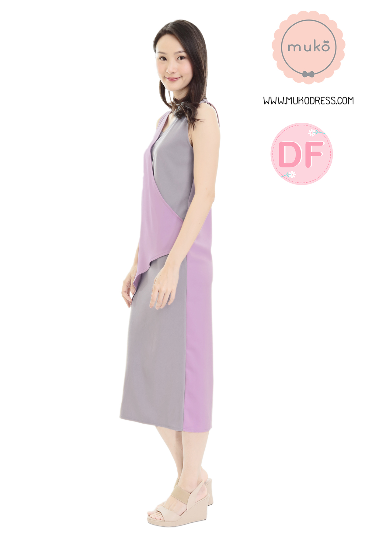 Muko Kinsley เดรสเปิดให้นม คลุมท้อง DP08-008DF ม่วง-เทาอ่อน
