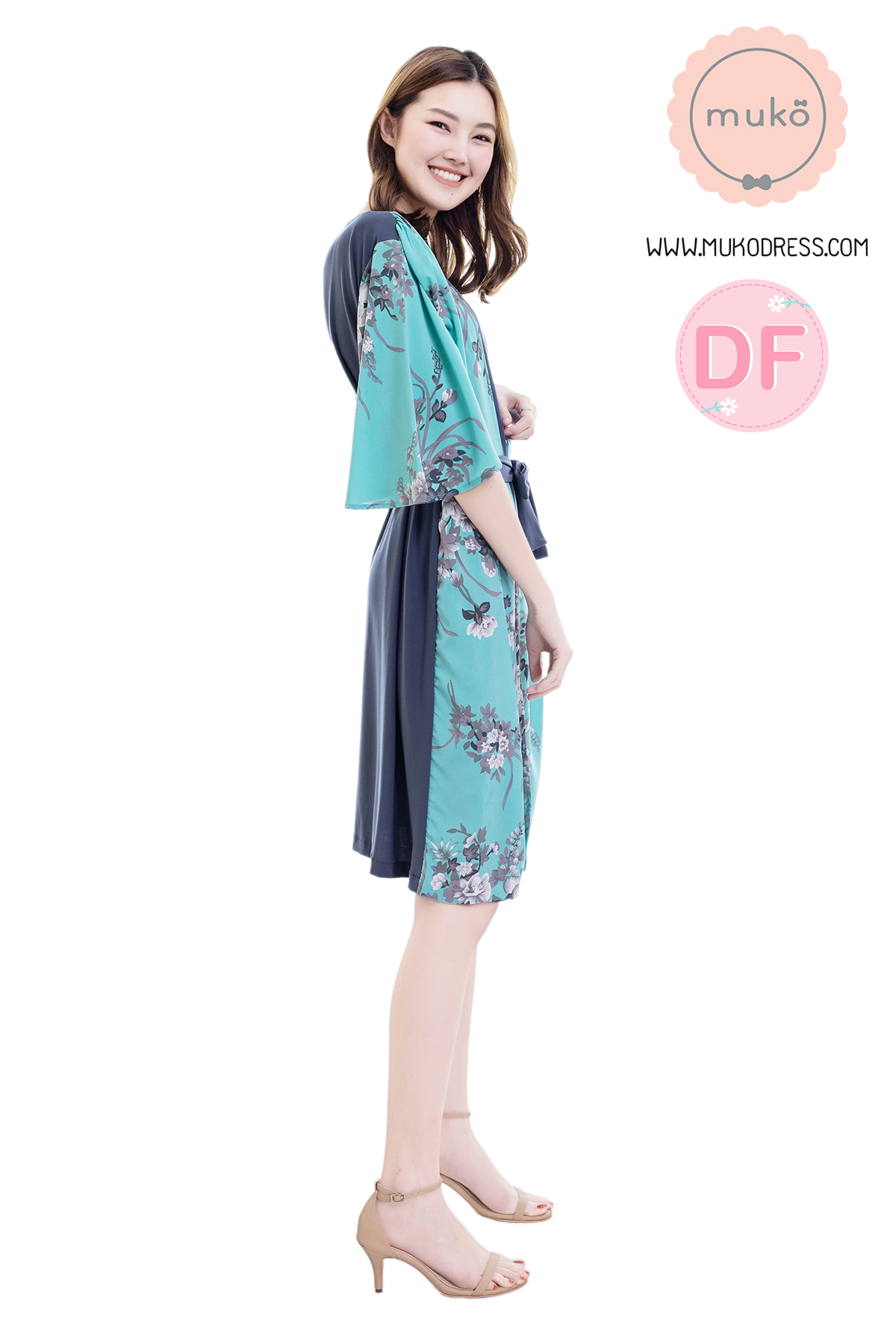 Muko Roselyn เดรสให้นม คลุมท้อง DP09-006DF เทา-เขียวดอก