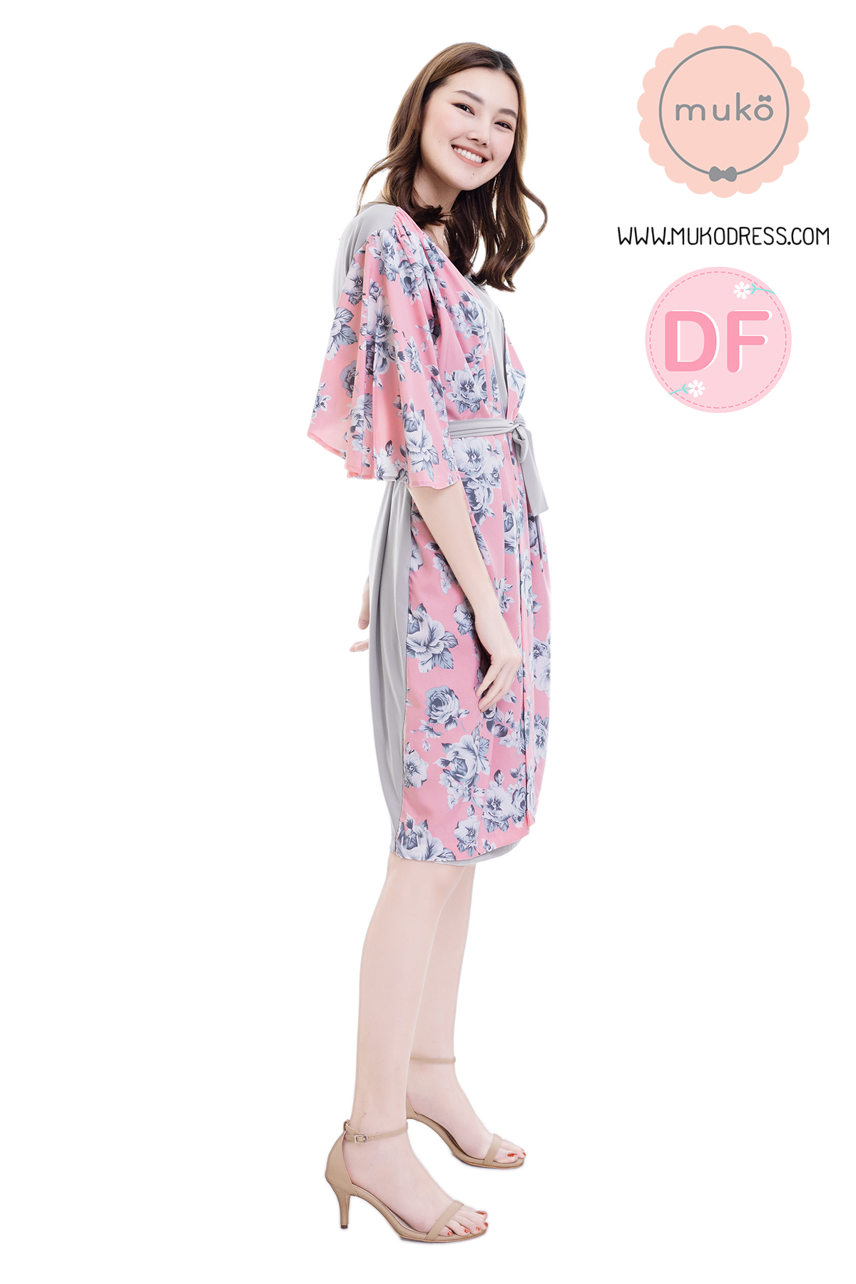Muko Roselyn เดรสให้นม คลุมท้อง DP09-008DF เทา-ชมพูดอก