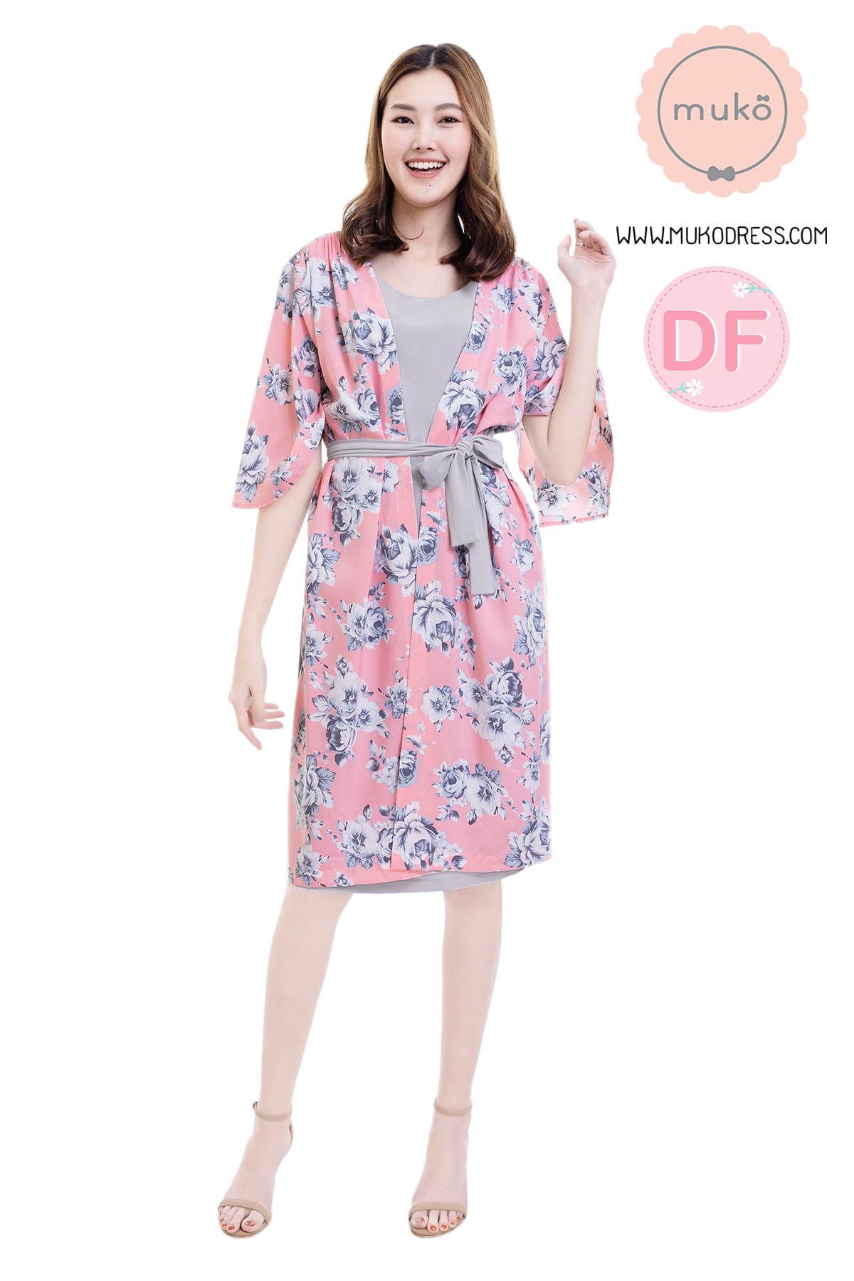 Muko Roselyn เดรสให้นม คลุมท้อง DP09-008DF เทา-ชมพูดอก