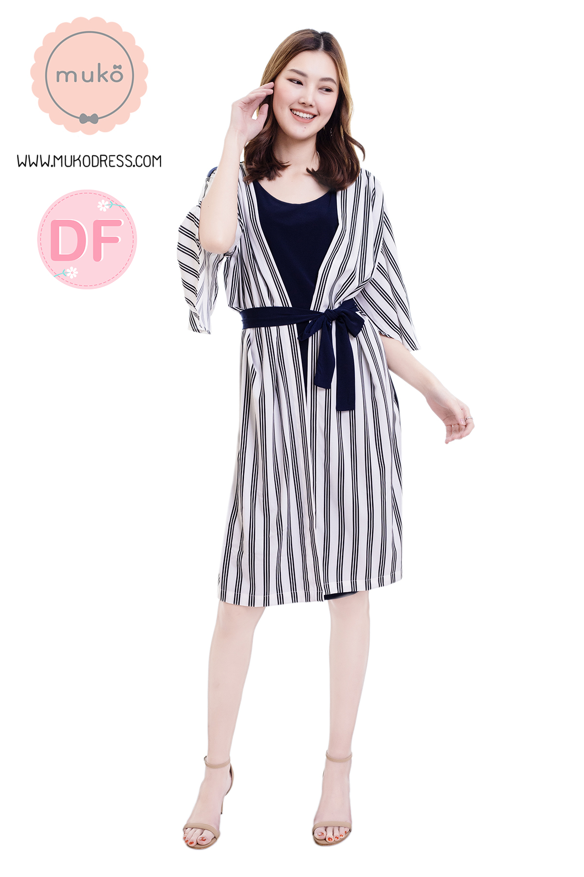 Muko Roselyn เดรสให้นม คลุมท้อง DP09-003DF กรม-ริ้วขาวดำ Muko Roselyn เดรสให้นม คลุมท้อง DP09-003DF กรม-ริ้วขาวดำ